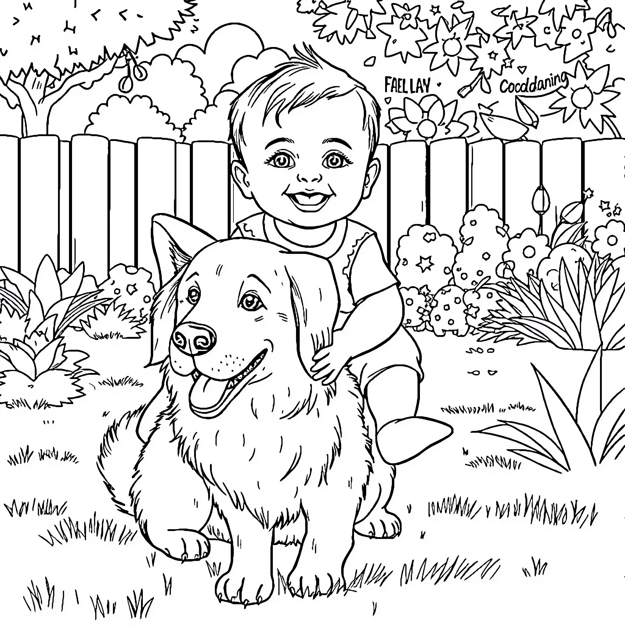 Baby playing happily with adorable dog in garden Coloring Page (free black-and-white line drawing printable PDF for all, from beginners to advanced learners, including children, teens, adults, and seniors)