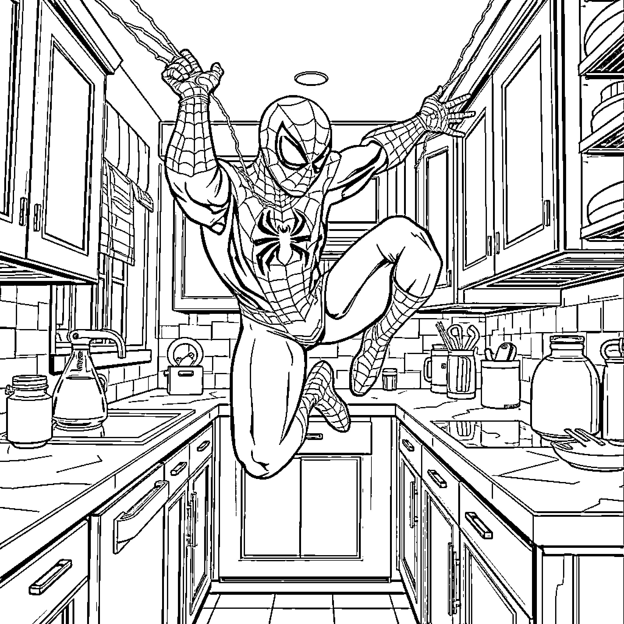 Spiderman swinging through a kitchen scene Coloring Page (free black-and-white line drawing printable PDF for all, from beginners to advanced learners, including children, teens, adults, and seniors)