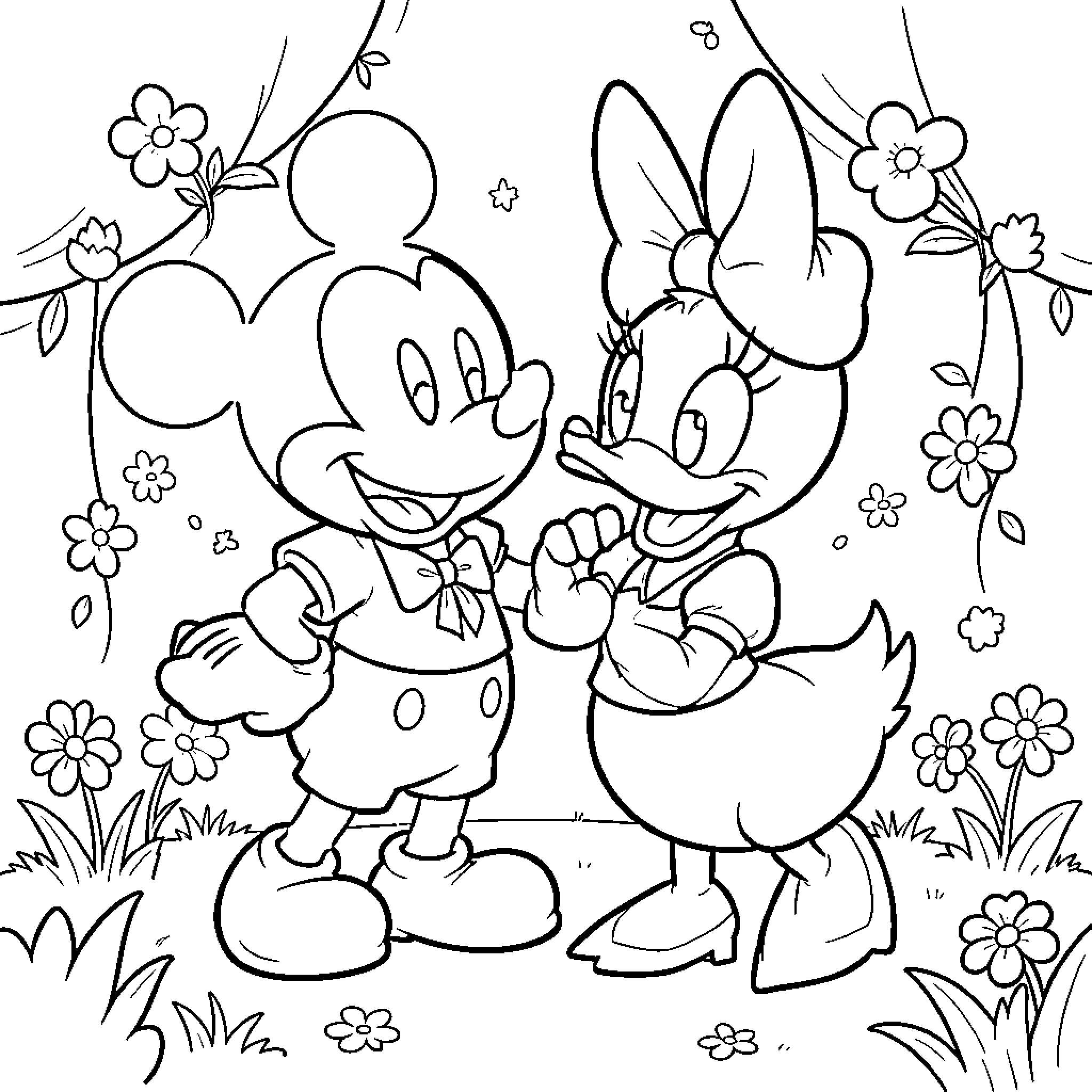 Mickey Mouse and Minnie Mouse in a Floral Meadow Coloring Page (free black-and-white line drawing printable PDF for all, from beginners to advanced learners, including children, teens, adults, and seniors)