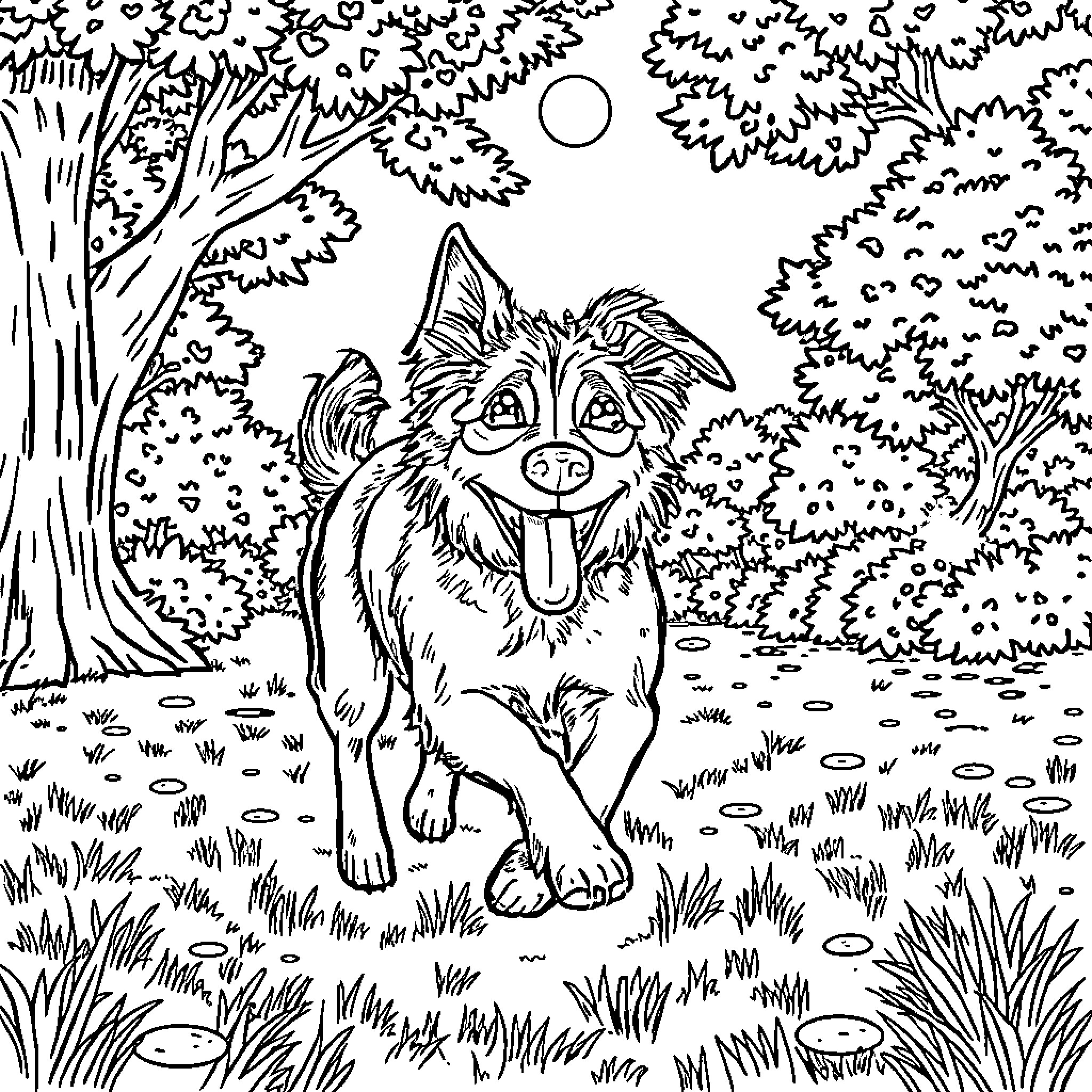 Dog exploring the enchanted forest Coloring Page (free black-and-white line drawing printable PDF for all, from beginners to advanced learners, including children, teens, adults, and seniors)