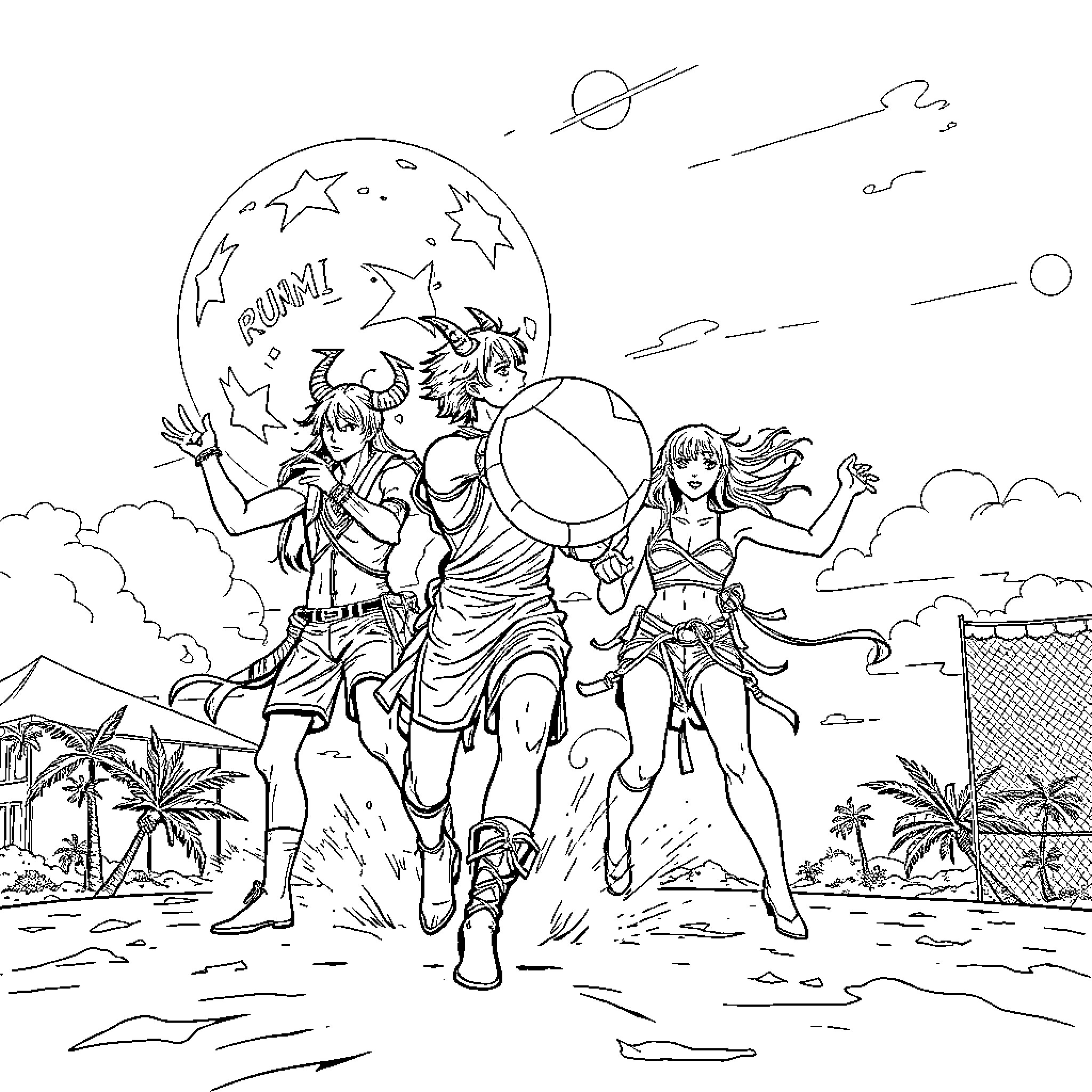 Demon Hunter Heroes in Tropical Adventure Coloring Page (free black-and-white line drawing printable PDF for all, from beginners to advanced learners, including children, teens, adults, and seniors)