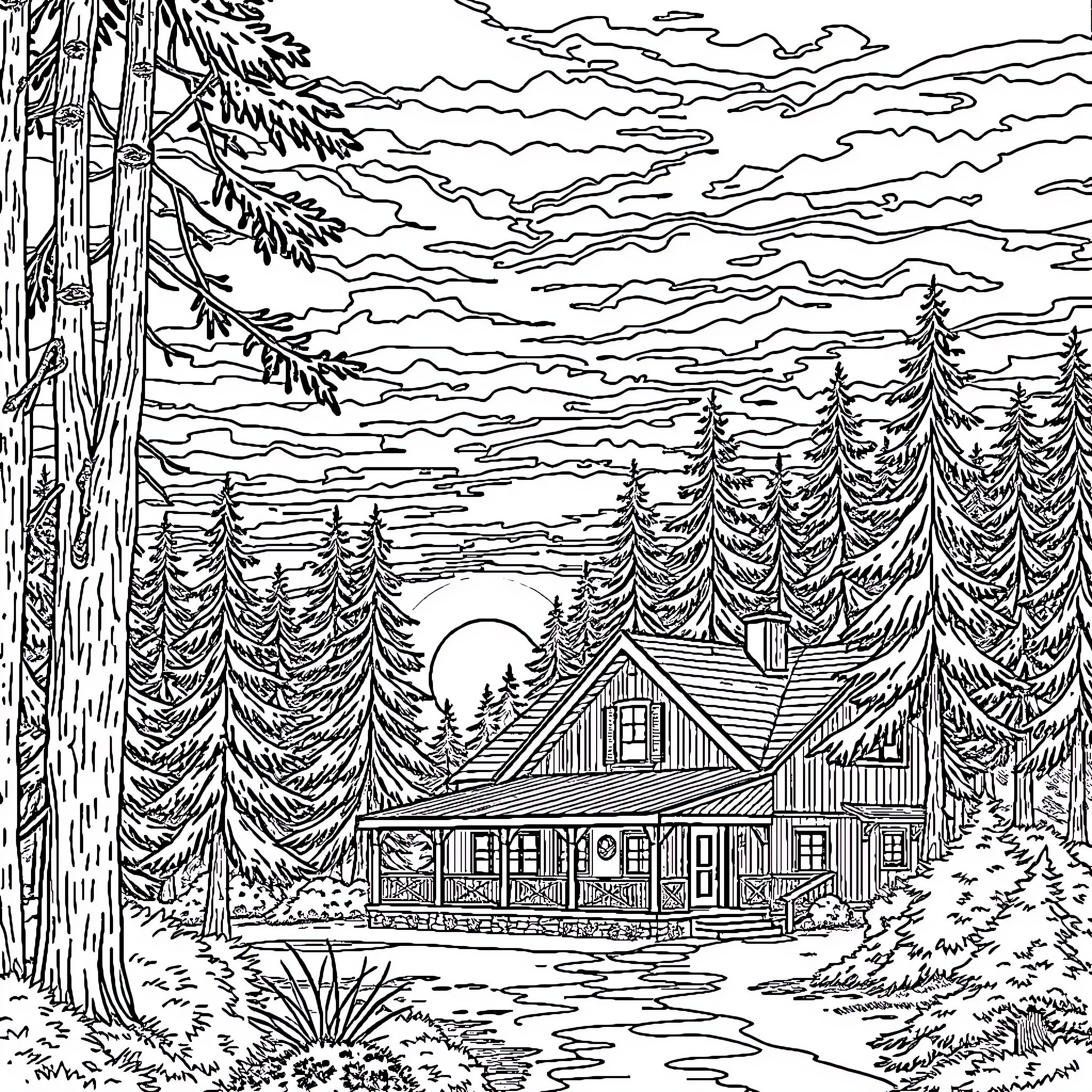 Sunset Cabin in the Woods Coloring Page (free black-and-white line drawing printable PDF for all, from beginners to advanced learners, including children, teens, adults, and seniors)