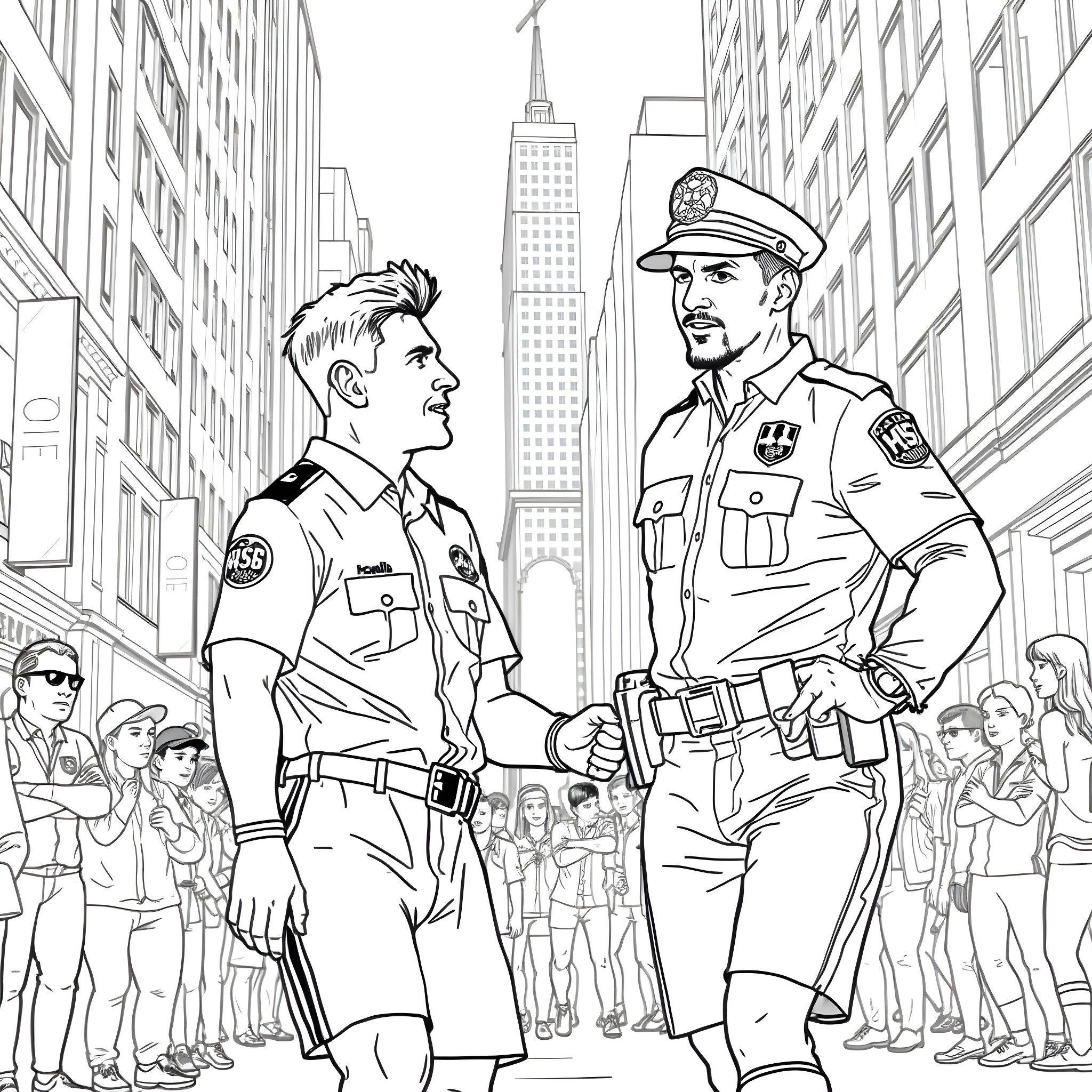 Lionel Messi and police officers in the city Coloring Page (free black-and-white line drawing printable PDF for all, from beginners to advanced learners, including children, teens, adults, and seniors)
