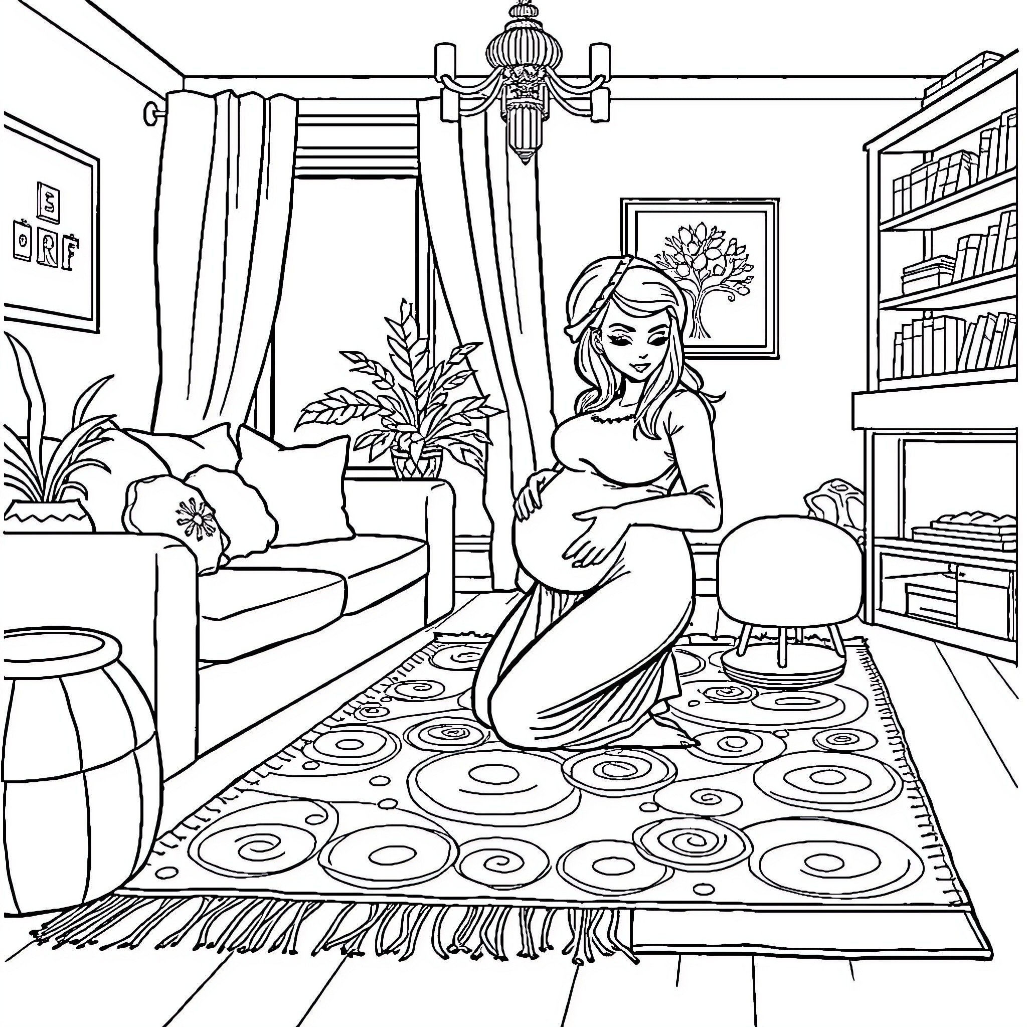 Pregnant Woman Relaxing in Cozy Living Room Coloring Page (free black-and-white line drawing printable PDF for all, from beginners to advanced learners, including children, teens, adults, and seniors)