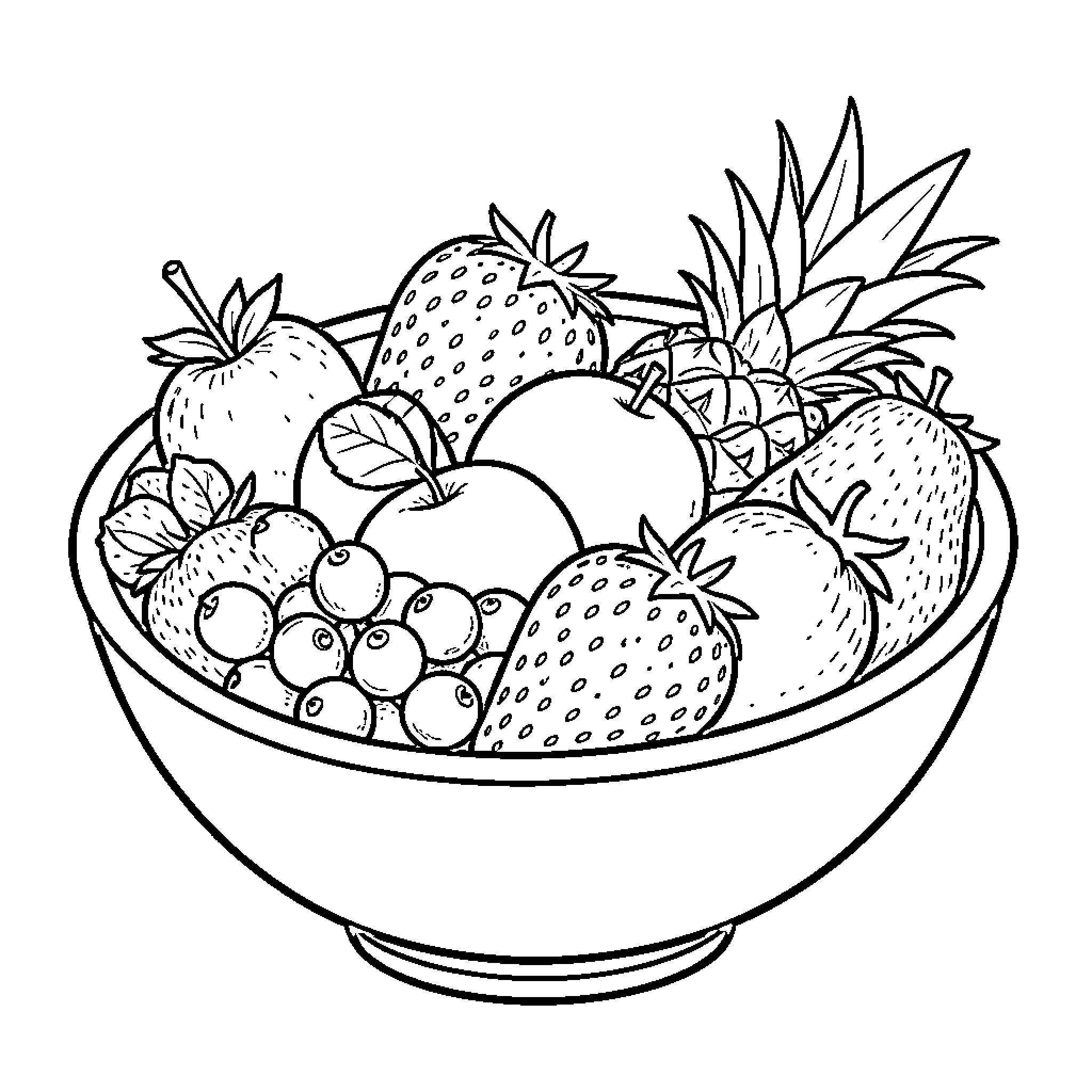Fruit arranged inside a large serving bowl Coloring Page (free black-and-white line drawing printable PDF for all, from beginners to advanced learners, including children, teens, adults, and seniors)