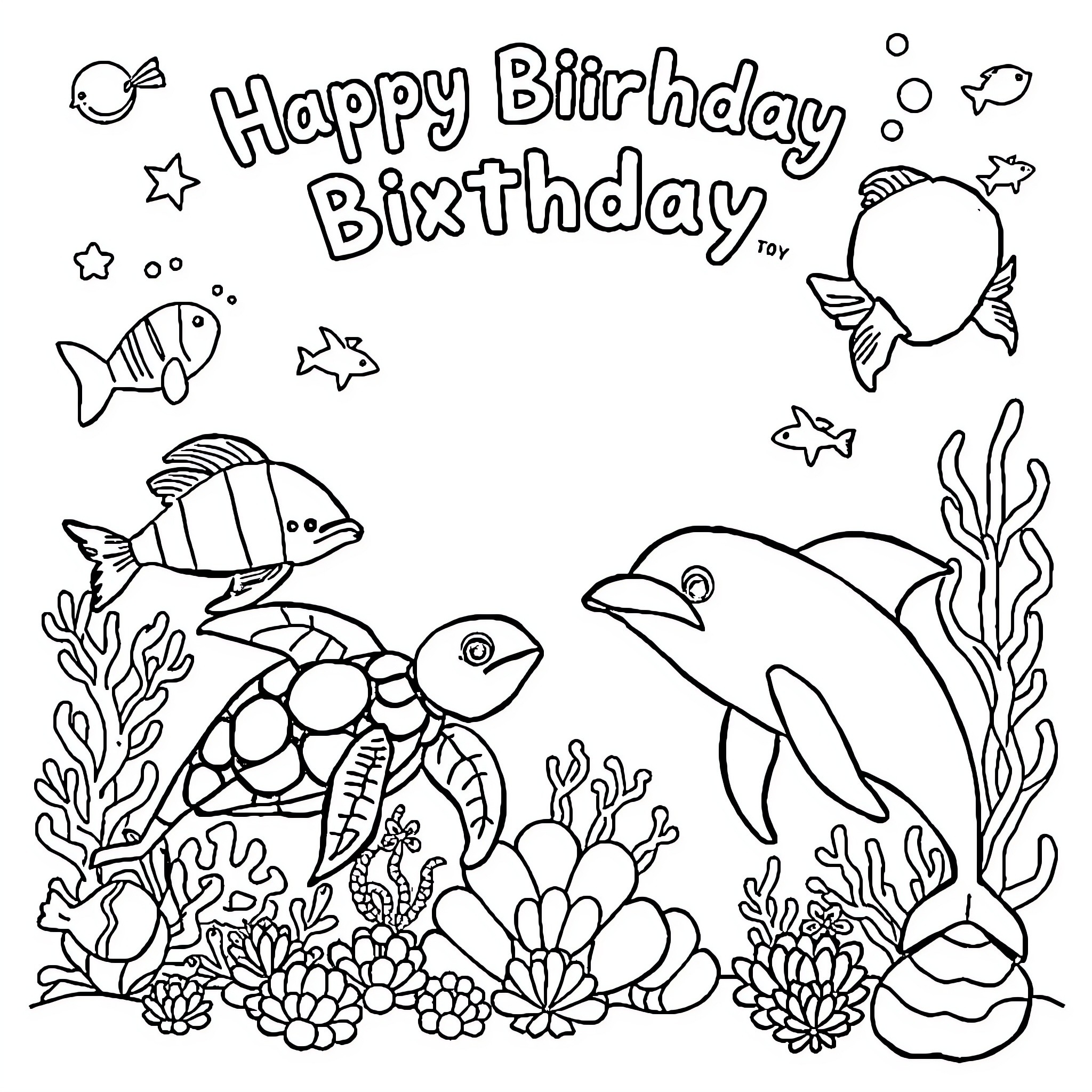 Sea Animals Celebrate a Birthday Underwater Coloring Page (free black-and-white line drawing printable PDF for all, from beginners to advanced learners, including children, teens, adults, and seniors)