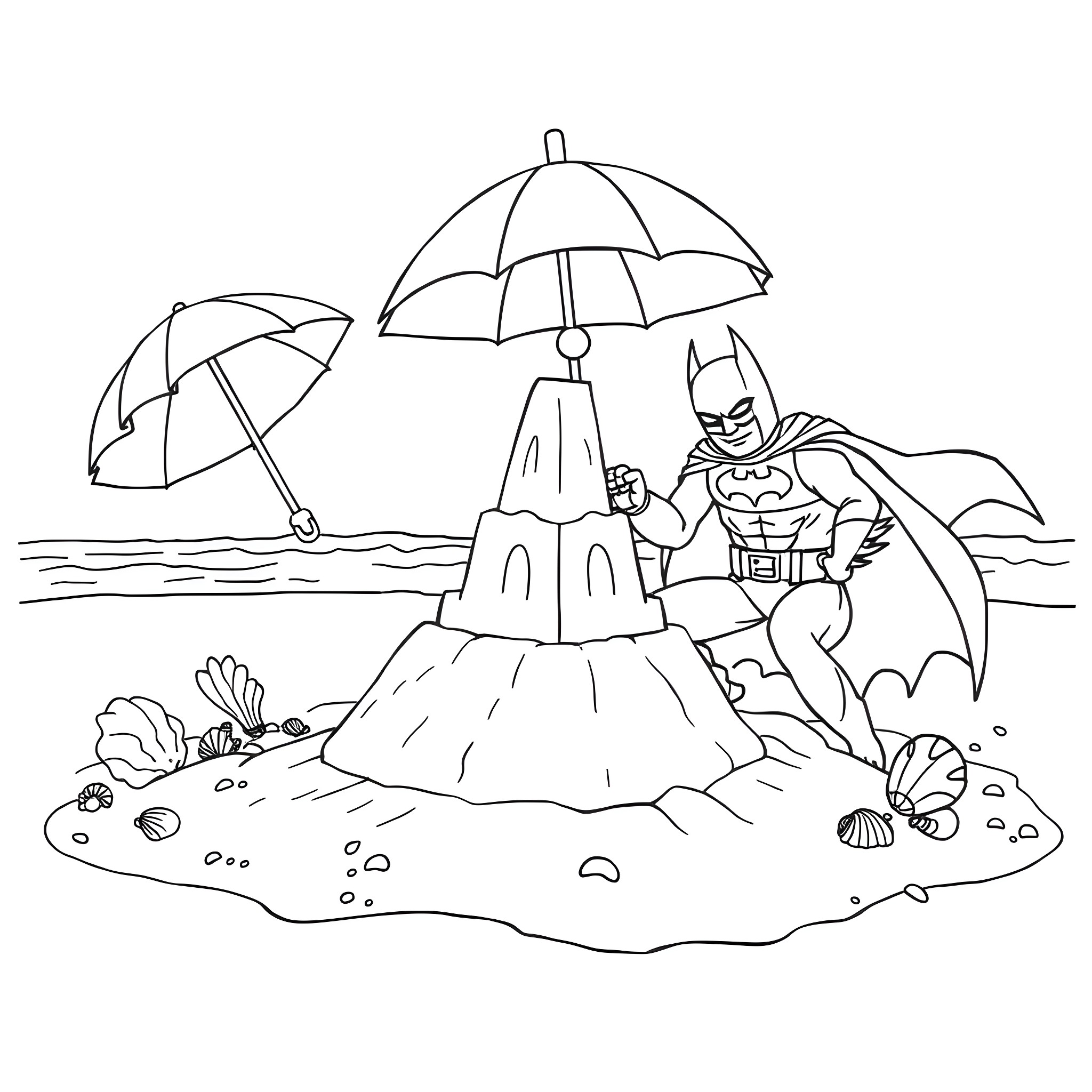Superhero Building Sandcastles on the Beach Coloring Page (free black-and-white line drawing printable PDF for all, from beginners to advanced learners, including children, teens, adults, and seniors)