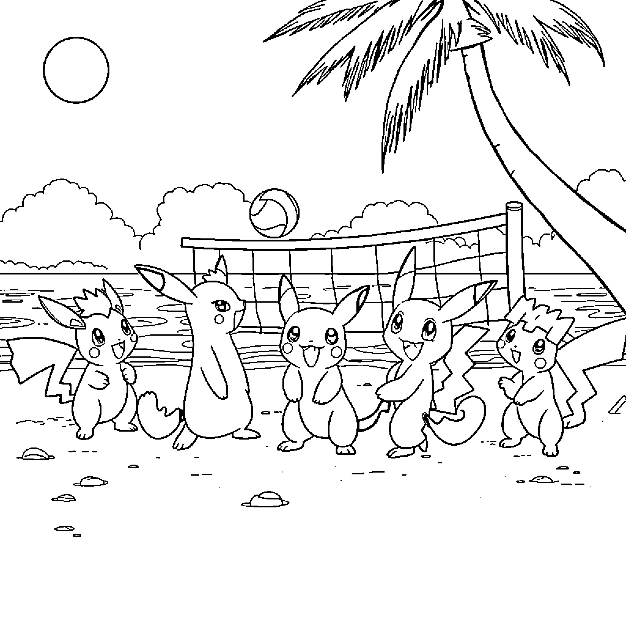Pokémon playing happily on the beach Coloring Page (free black-and-white line drawing printable PDF for all, from beginners to advanced learners, including children, teens, adults, and seniors)