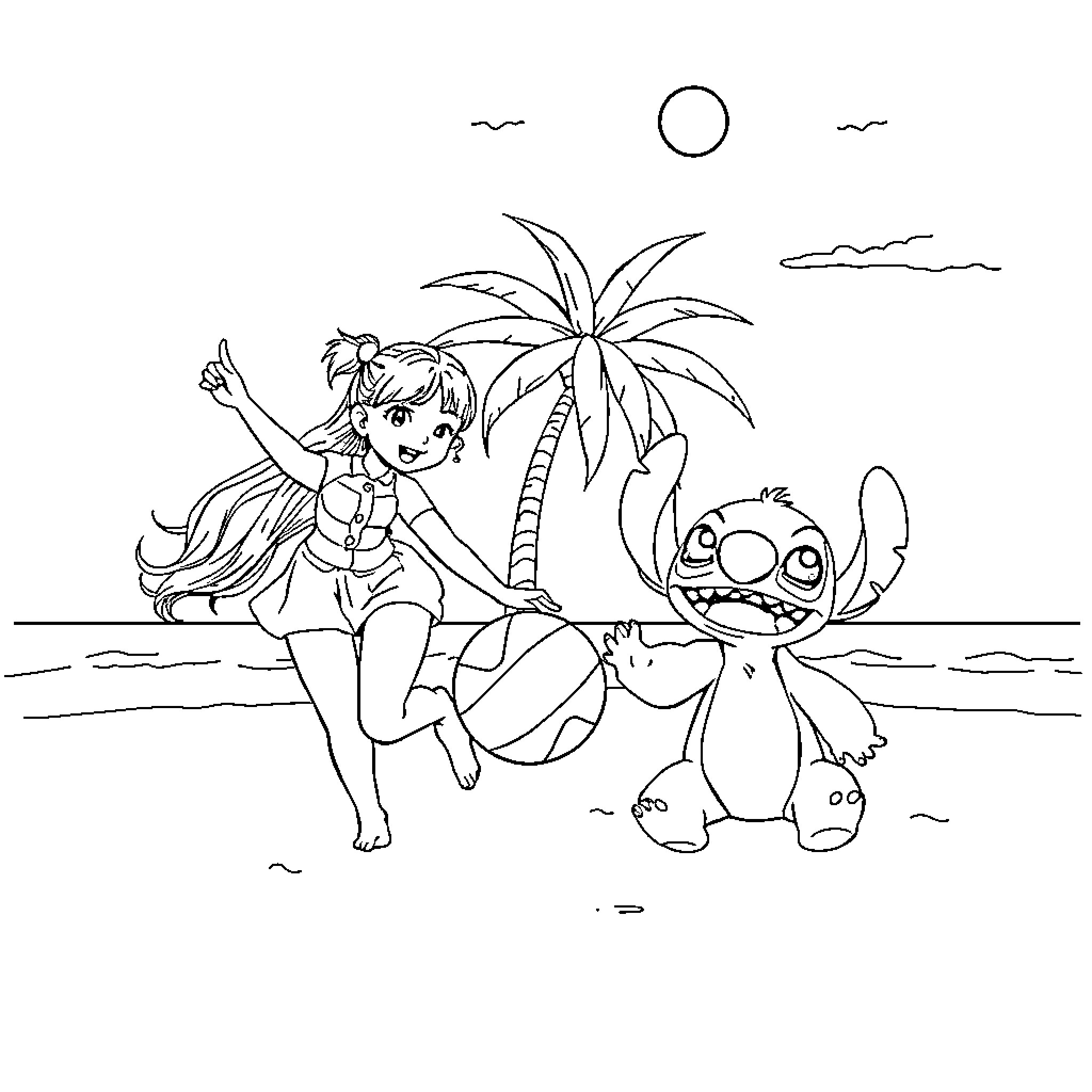 Rumi's Playful Day at the Beach Coloring Page (free black-and-white line drawing printable PDF for all, from beginners to advanced learners, including children, teens, adults, and seniors)