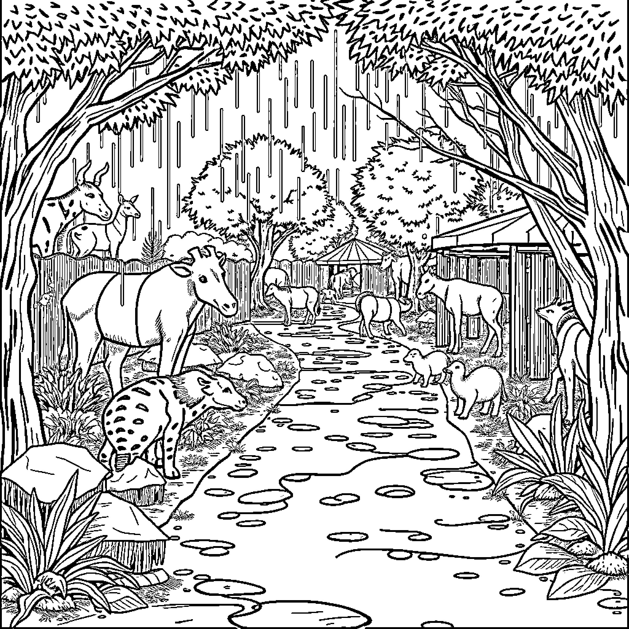 Zoo Animals in Lush Forest Habitat Coloring Page (free black-and-white line drawing printable PDF for all, from beginners to advanced learners, including children, teens, adults, and seniors)