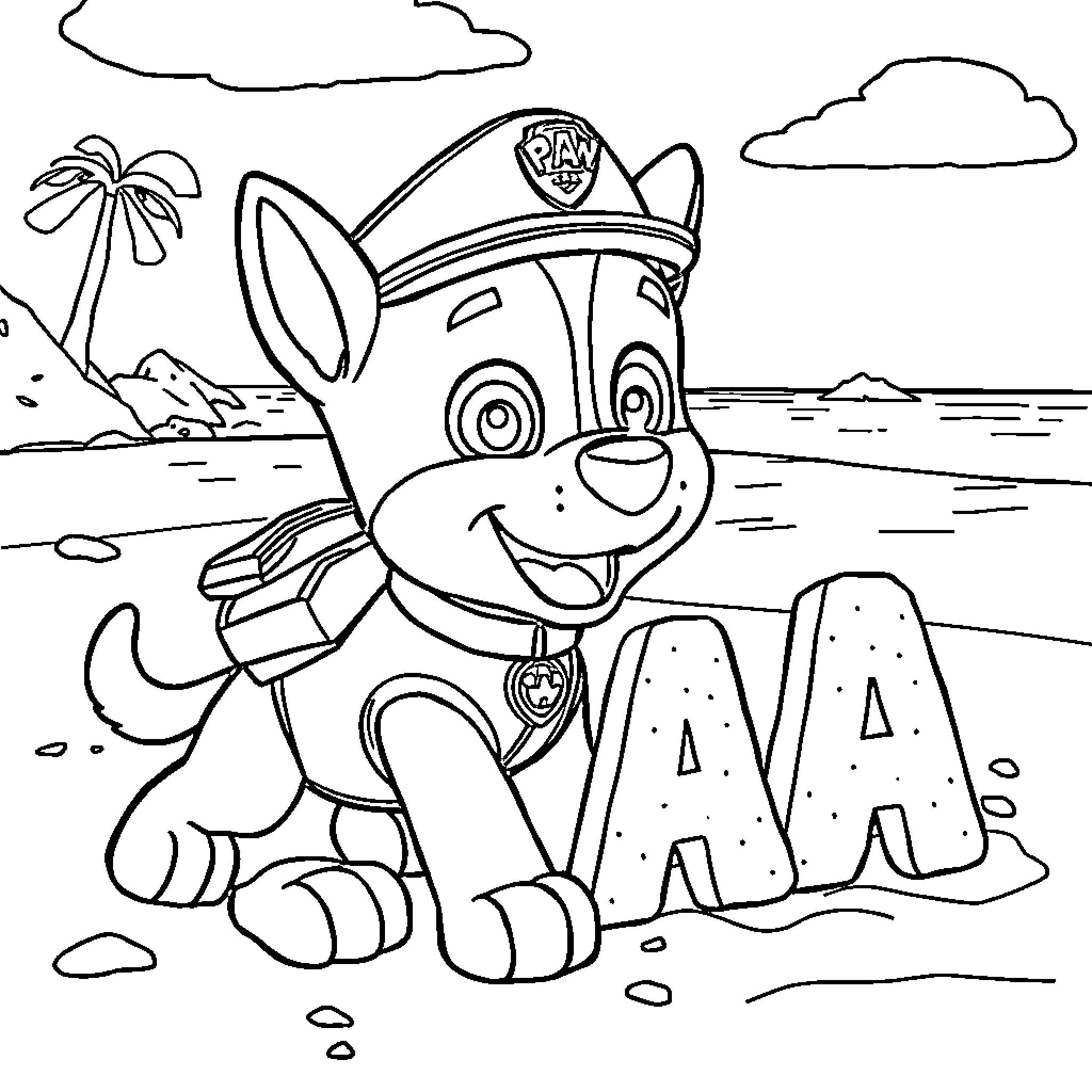 Chase the Pup's Beach Adventure Coloring Page (free black-and-white line drawing printable PDF for all, from beginners to advanced learners, including children, teens, adults, and seniors)