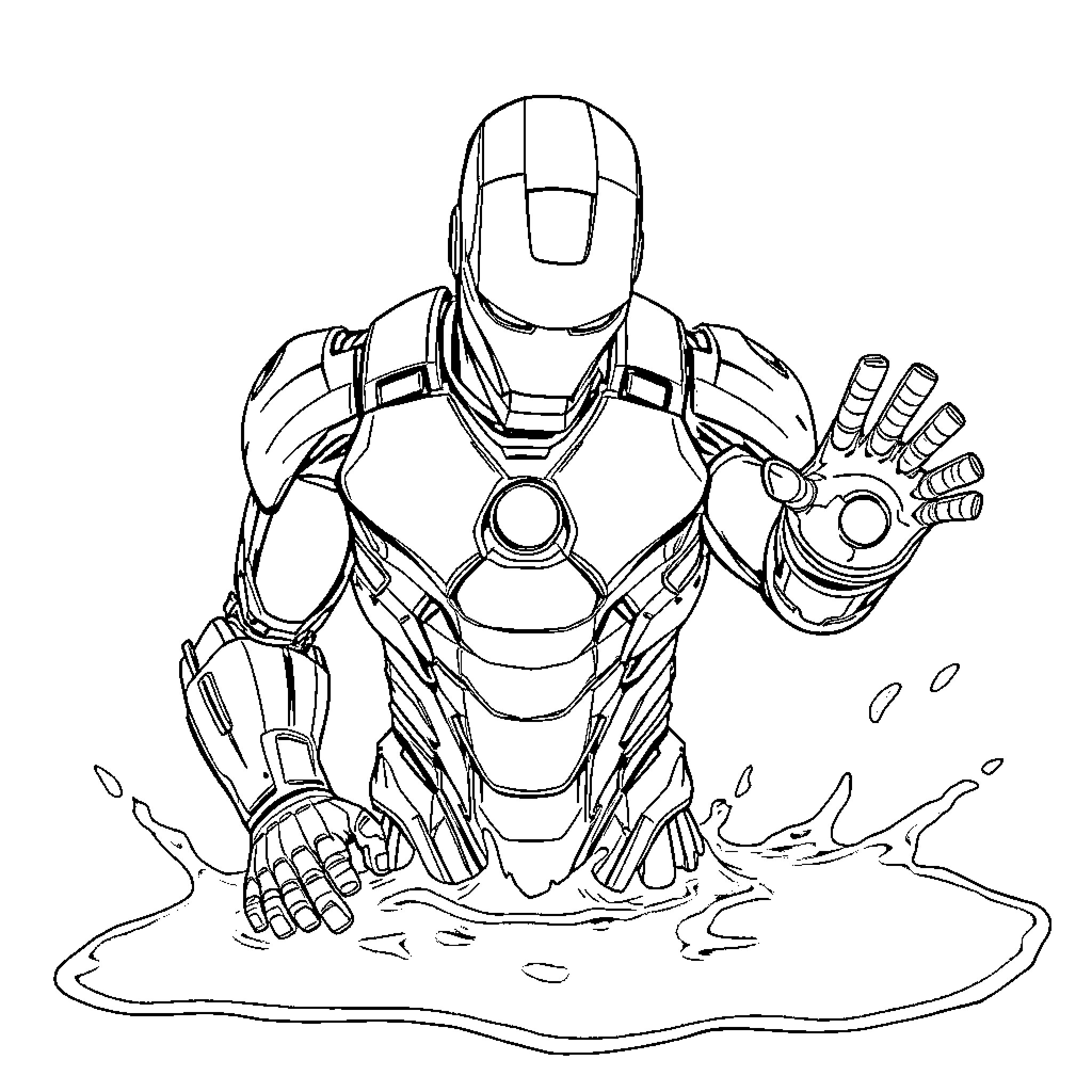 Ironman unleashing his power in action Coloring Page (free black-and-white line drawing printable PDF for all, from beginners to advanced learners, including children, teens, adults, and seniors)