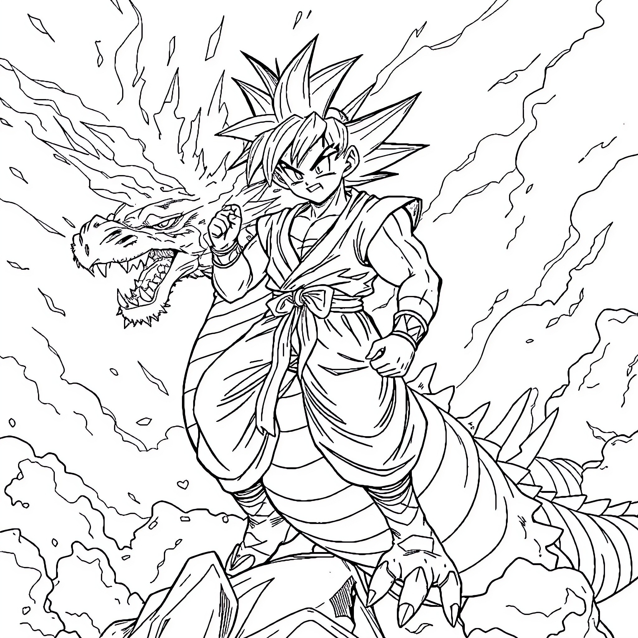 Dragon Warrior Unleashing Mighty Powers Coloring Page (free black-and-white line drawing printable PDF for all, from beginners to advanced learners, including children, teens, adults, and seniors)