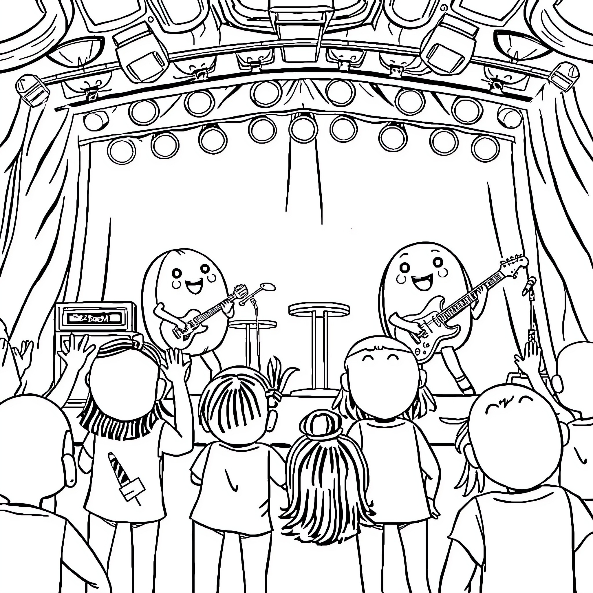 Cocomelon Characters Performing on Stage Coloring Page (free black-and-white line drawing printable PDF for all, from beginners to advanced learners, including children, teens, adults, and seniors)