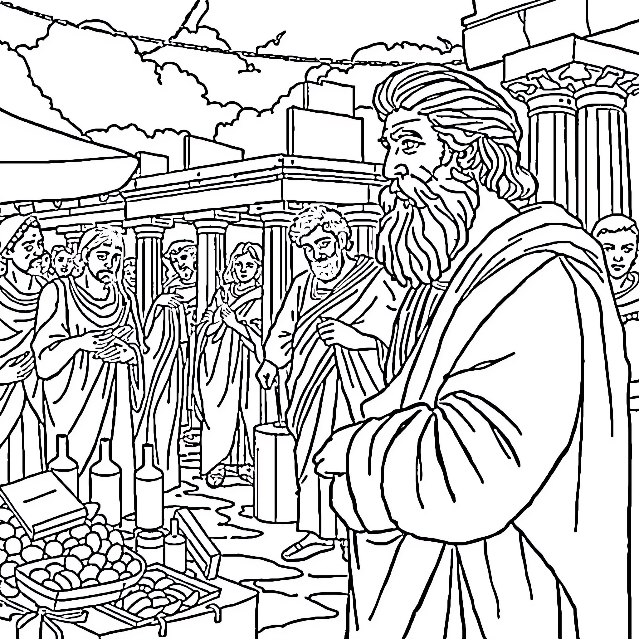 Socrates Philosophizing Before the Athenian Public Coloring Page (free black-and-white line drawing printable PDF for all, from beginners to advanced learners, including children, teens, adults, and seniors)