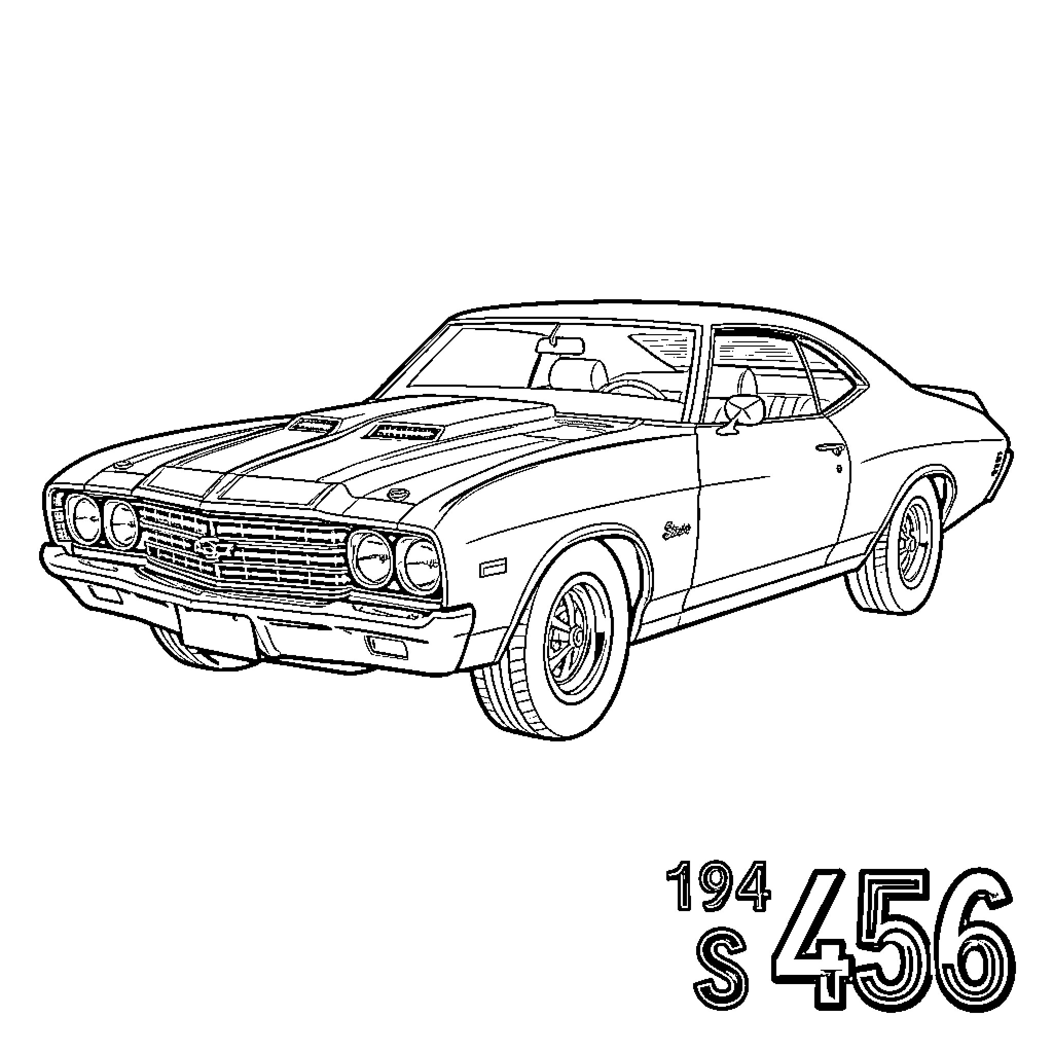 Chevrolet muscle car parked in a minimalist setting Coloring Page (free black-and-white line drawing printable PDF for all, from beginners to advanced learners, including children, teens, adults, and seniors)