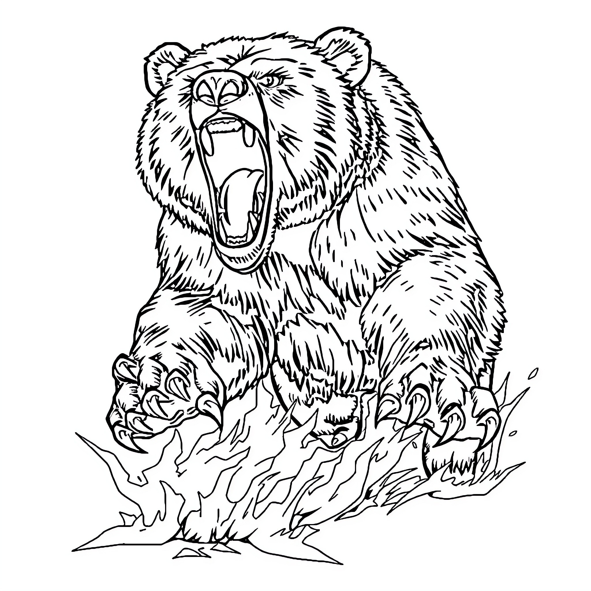 Grizzly Bear Roaring Aggressively Coloring Page (free black-and-white line drawing printable PDF for all, from beginners to advanced learners, including children, teens, adults, and seniors)