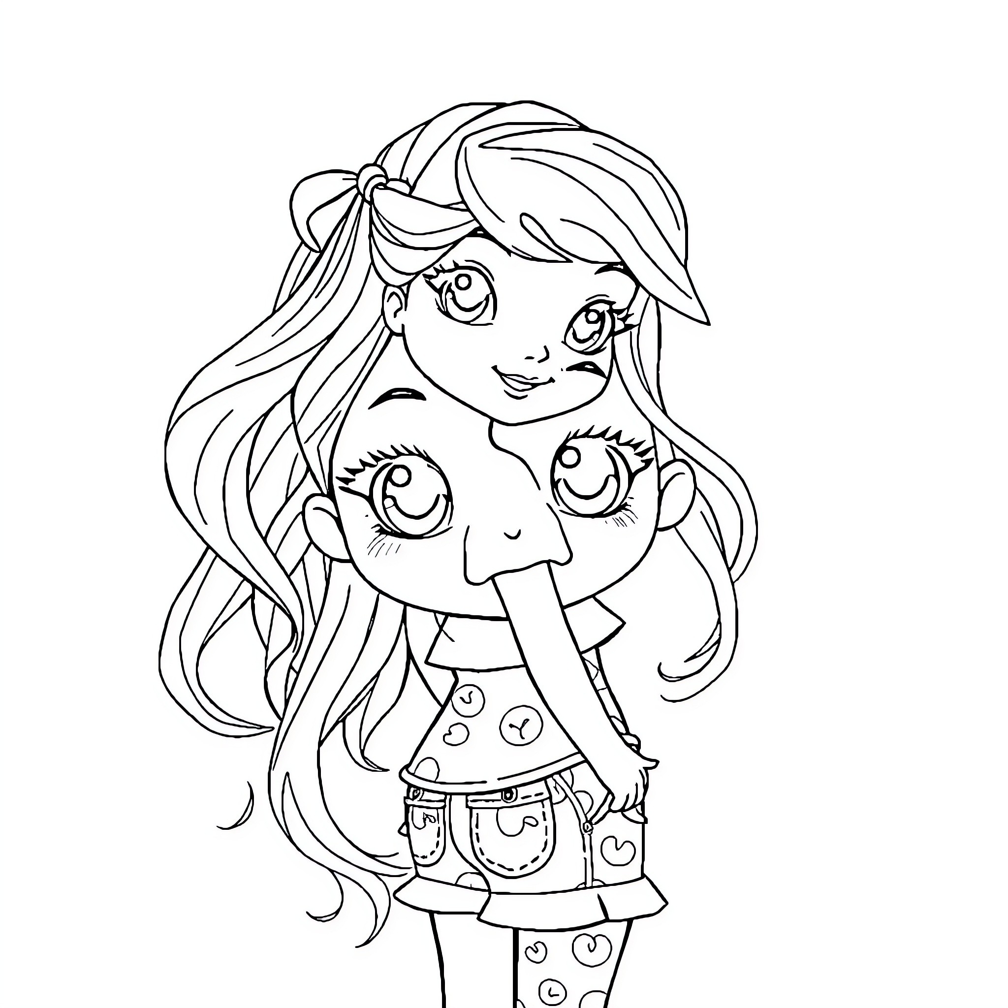 Girl Smiling Playfully in Colorful Outfit Coloring Page (free black-and-white line drawing printable PDF for all, from beginners to advanced learners, including children, teens, adults, and seniors)