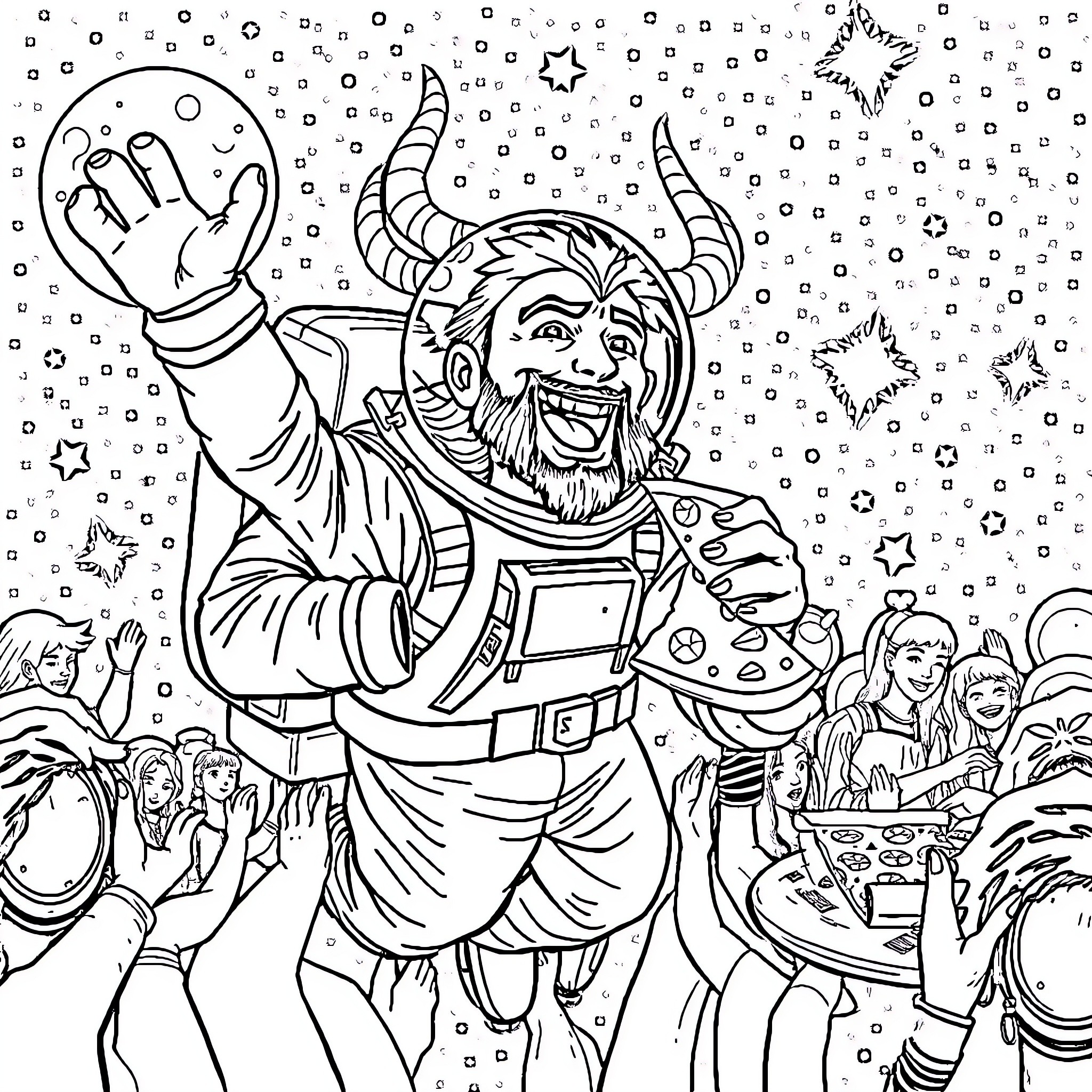 Loki's Whimsical Cosmic Adventure Coloring Page (free black-and-white line drawing printable PDF for all, from beginners to advanced learners, including children, teens, adults, and seniors)