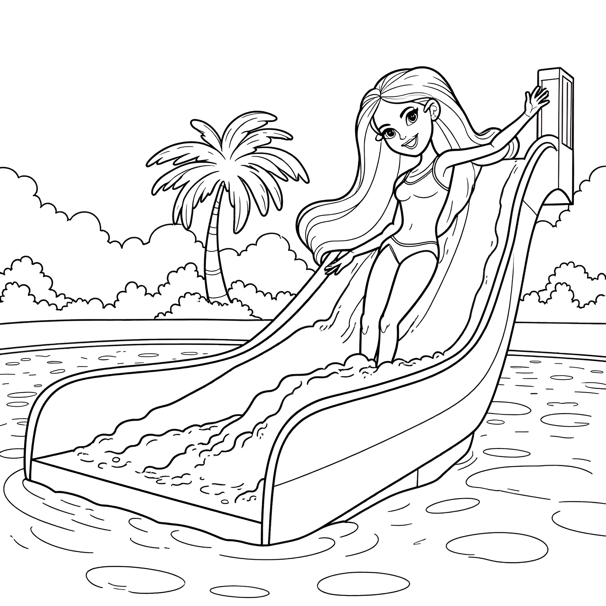 Barbie enjoying a fun water slide adventure Coloring Page (free black-and-white line drawing printable PDF for all, from beginners to advanced learners, including children, teens, adults, and seniors)