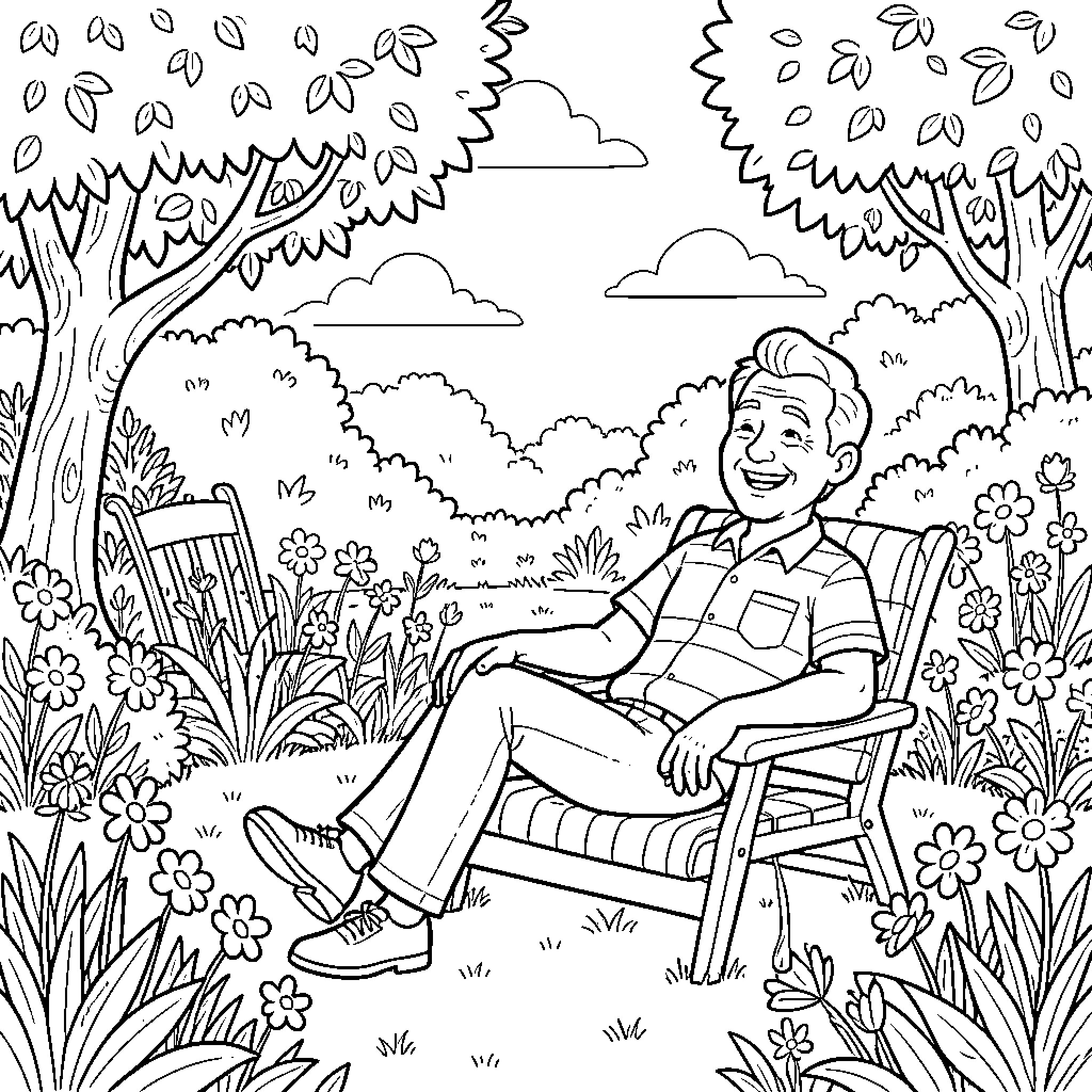 Thierry relaxing in a chair in a garden Coloring Page (free black-and-white line drawing printable PDF for all, from beginners to advanced learners, including children, teens, adults, and seniors)