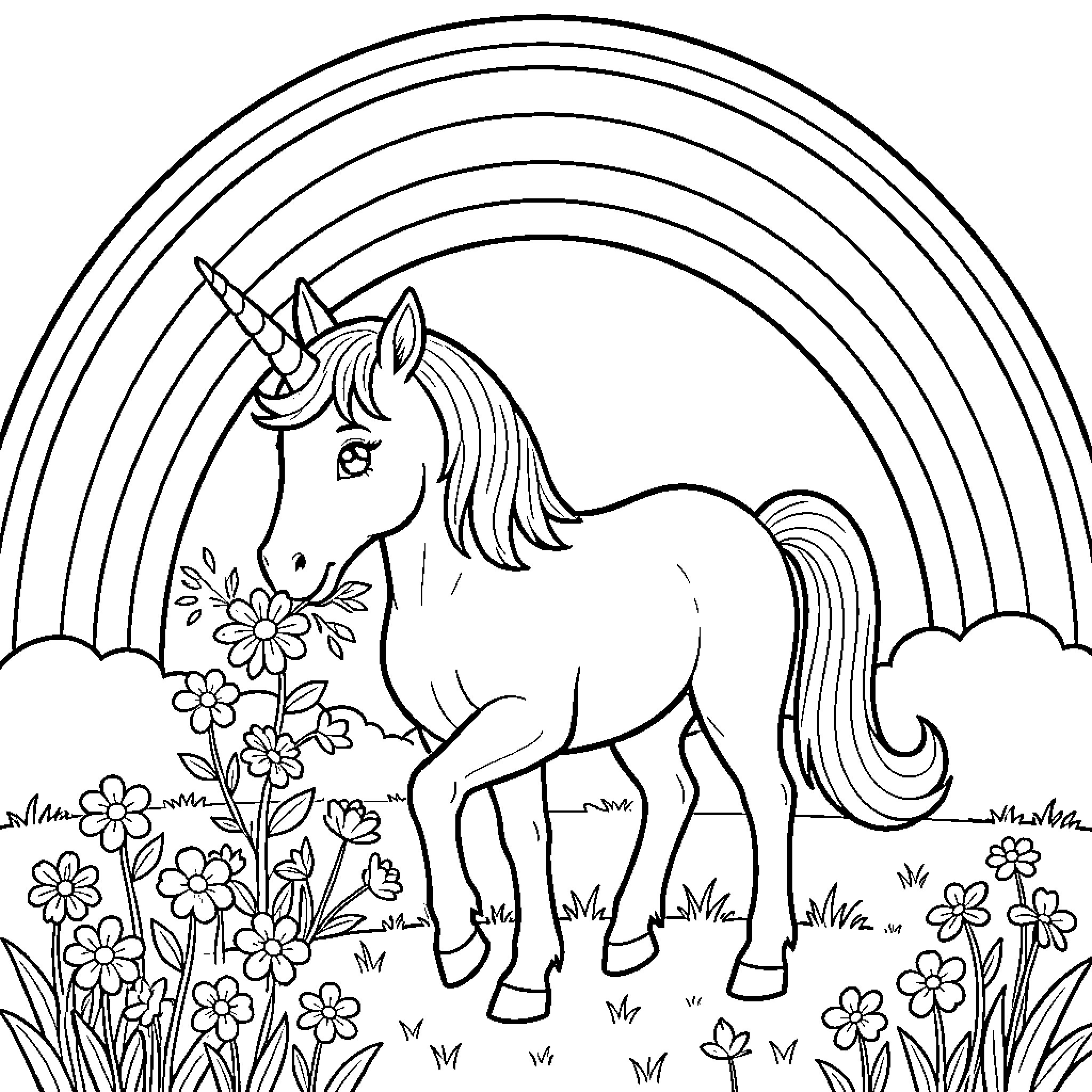 Unicorn sniffing flowers under a large rainbow Coloring Page (free black-and-white line drawing printable PDF for all, from beginners to advanced learners, including children, teens, adults, and seniors)