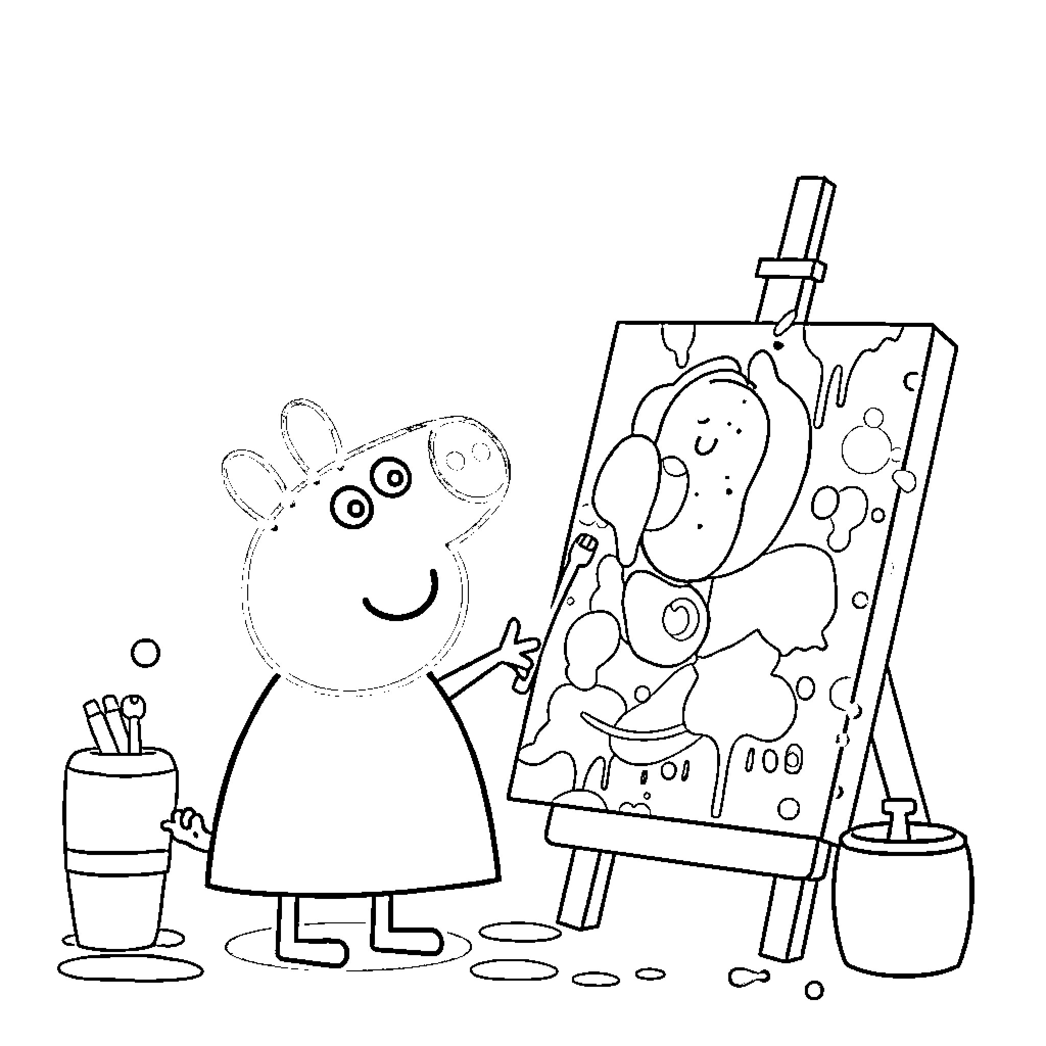 Peppa Pig painting on an easel Coloring Page (free black-and-white line drawing printable PDF for all, from beginners to advanced learners, including children, teens, adults, and seniors)