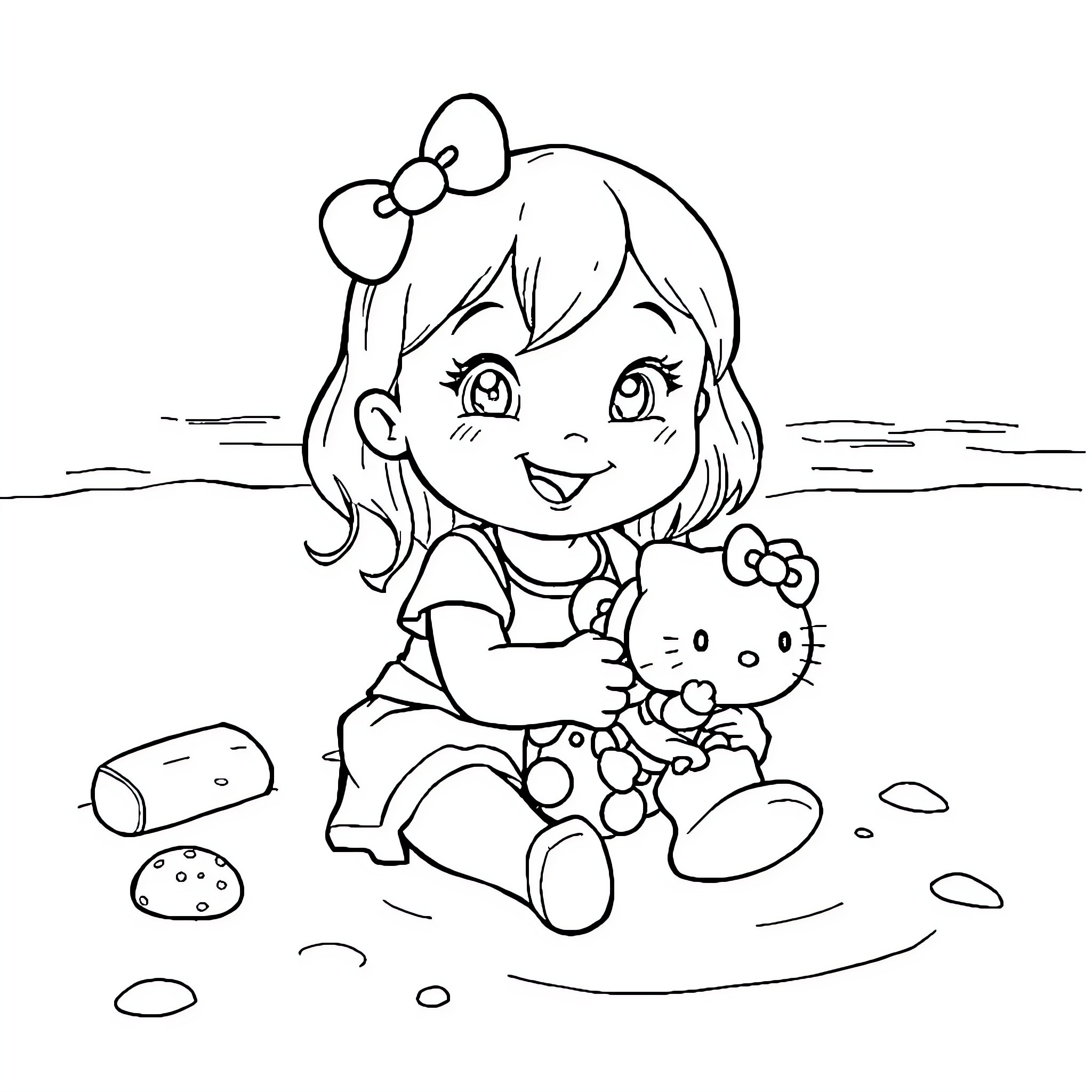 Hello Kitty playing with plush toy on the beach Coloring Page (free black-and-white line drawing printable PDF for all, from beginners to advanced learners, including children, teens, adults, and seniors)