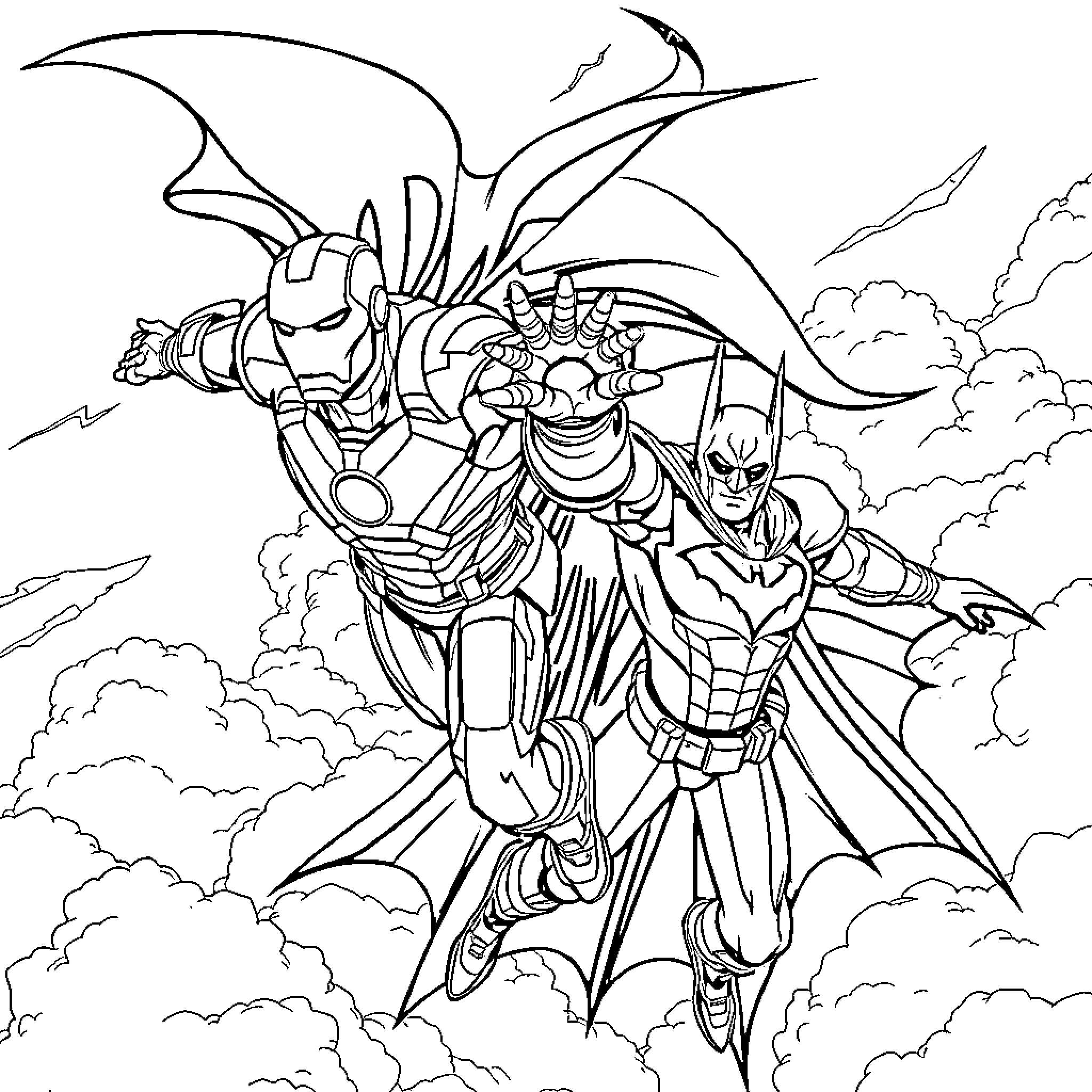 Iron Man Heroes in Action Amidst Dramatic Clouds Coloring Page (free black-and-white line drawing printable PDF for all, from beginners to advanced learners, including children, teens, adults, and seniors)
