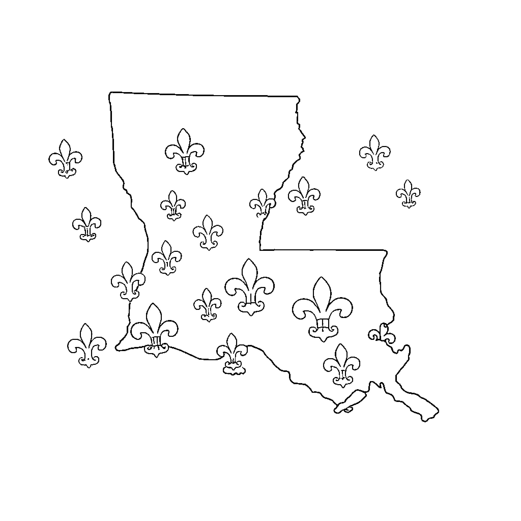 Louisiana Fleur-de-lis Silhouettes on Map Outline Coloring Page (free black-and-white line drawing printable PDF for all, from beginners to advanced learners, including children, teens, adults, and seniors)