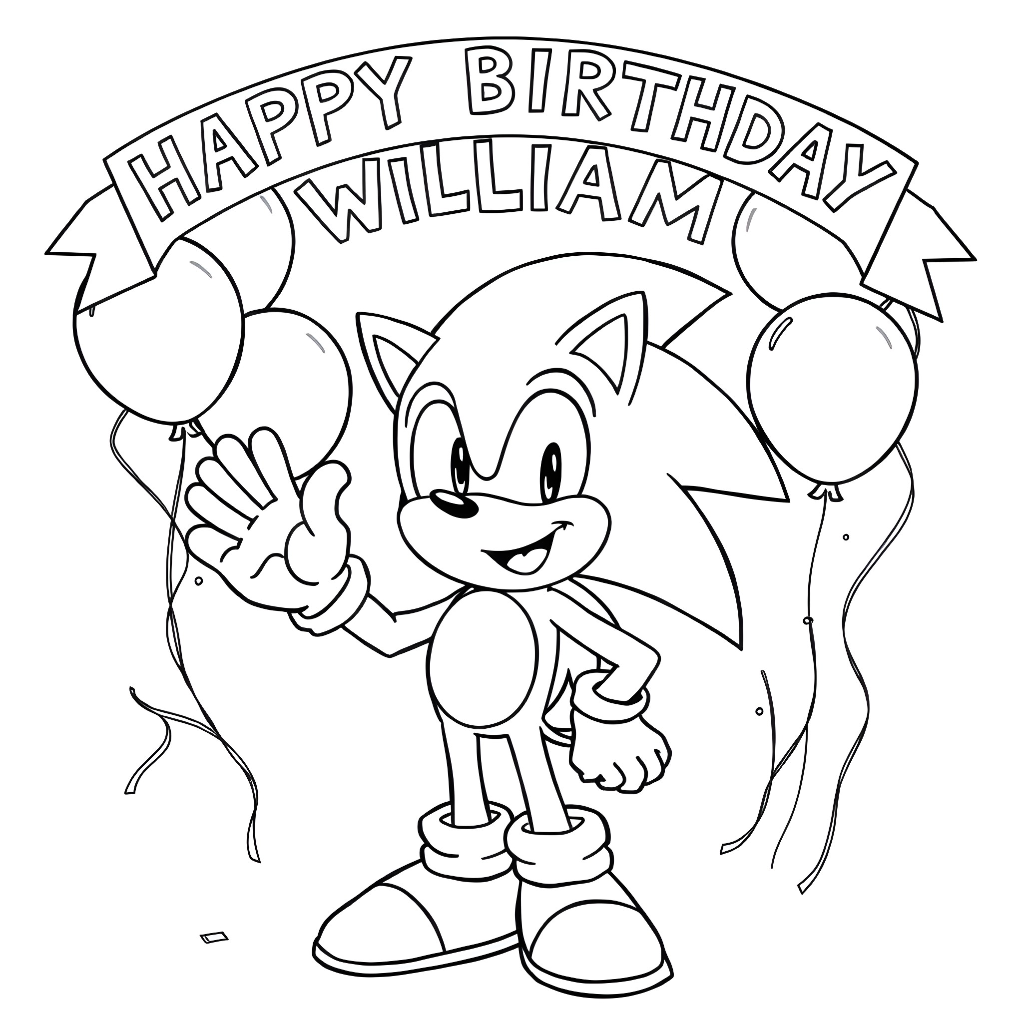 Sonic the Hedgehog waving with birthday balloons Coloring Page (free black-and-white line drawing printable PDF for all, from beginners to advanced learners, including children, teens, adults, and seniors)