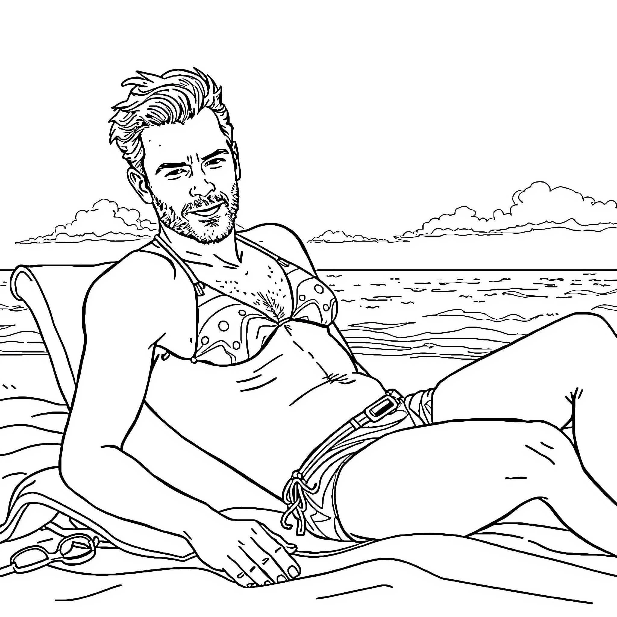 Ewan McGregor relaxing on the beach Coloring Page (free black-and-white line drawing printable PDF for all, from beginners to advanced learners, including children, teens, adults, and seniors)