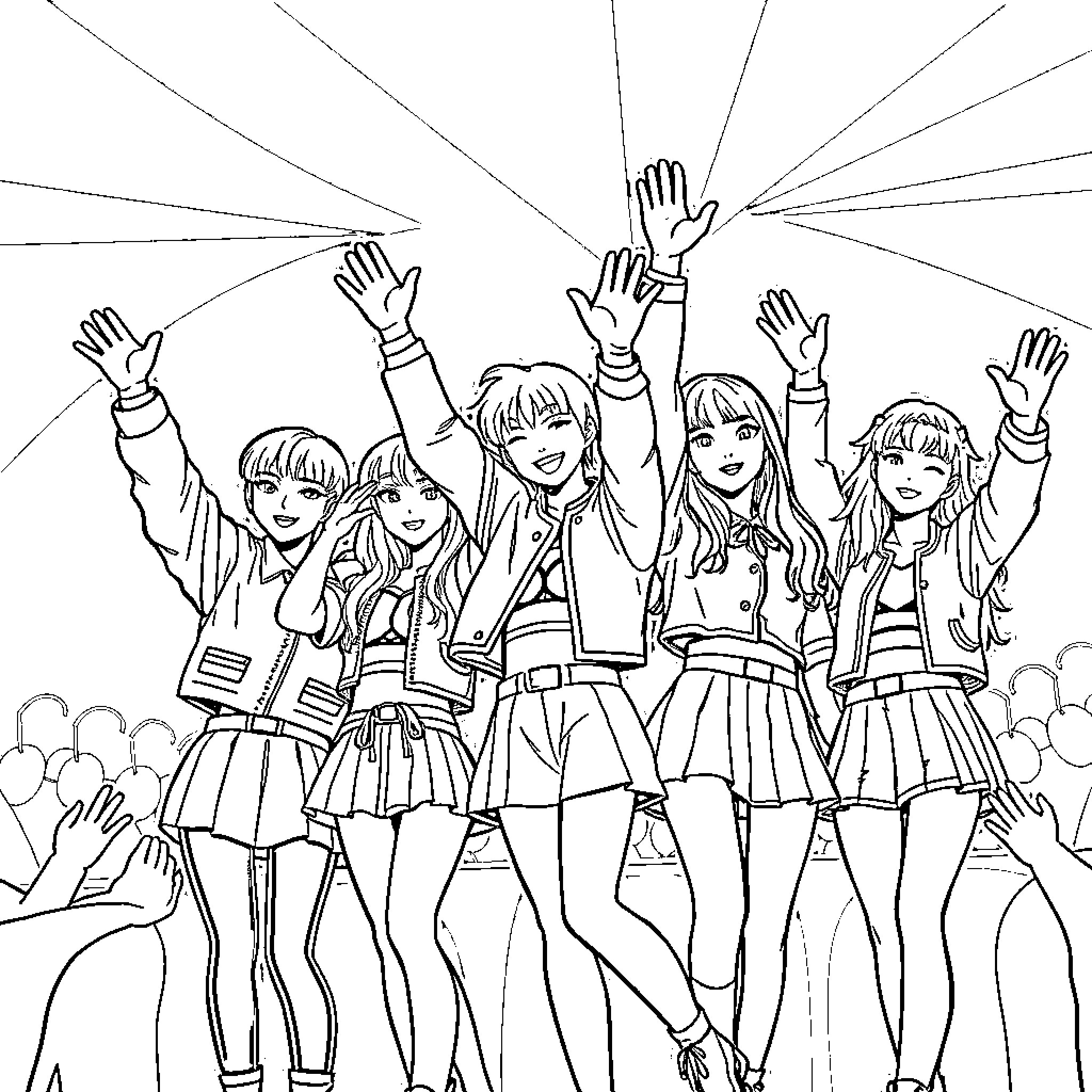K Pop Warrior Dancers Performing with Energy and Enthusiasm Coloring Page (free black-and-white line drawing printable PDF for all, from beginners to advanced learners, including children, teens, adults, and seniors)