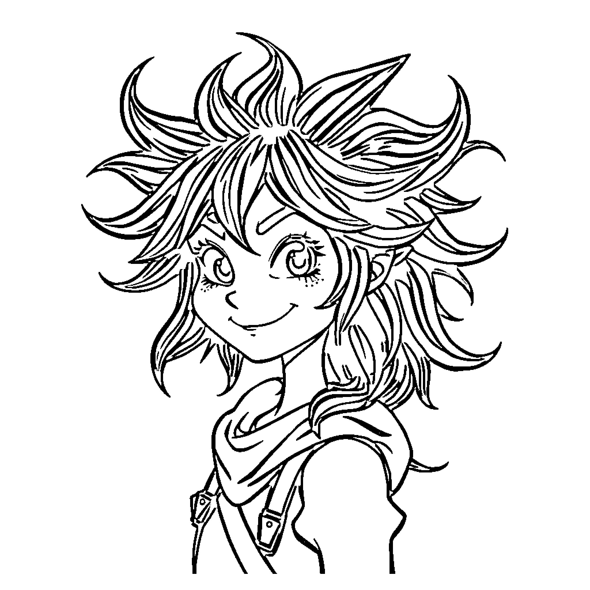 Mortelle Adèle smiling playfully with tousled hair Coloring Page (free black-and-white line drawing printable PDF for all, from beginners to advanced learners, including children, teens, adults, and seniors)