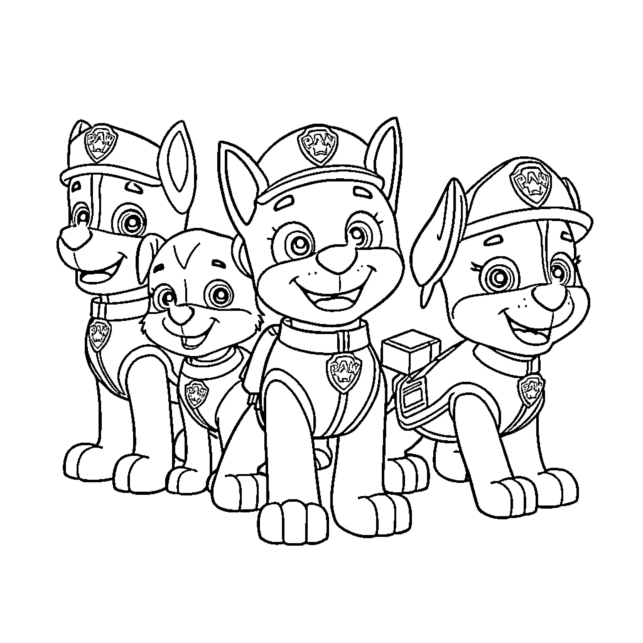 Paw Patrol puppies in uniform posing together Coloring Page (free black-and-white line drawing printable PDF for all, from beginners to advanced learners, including children, teens, adults, and seniors)