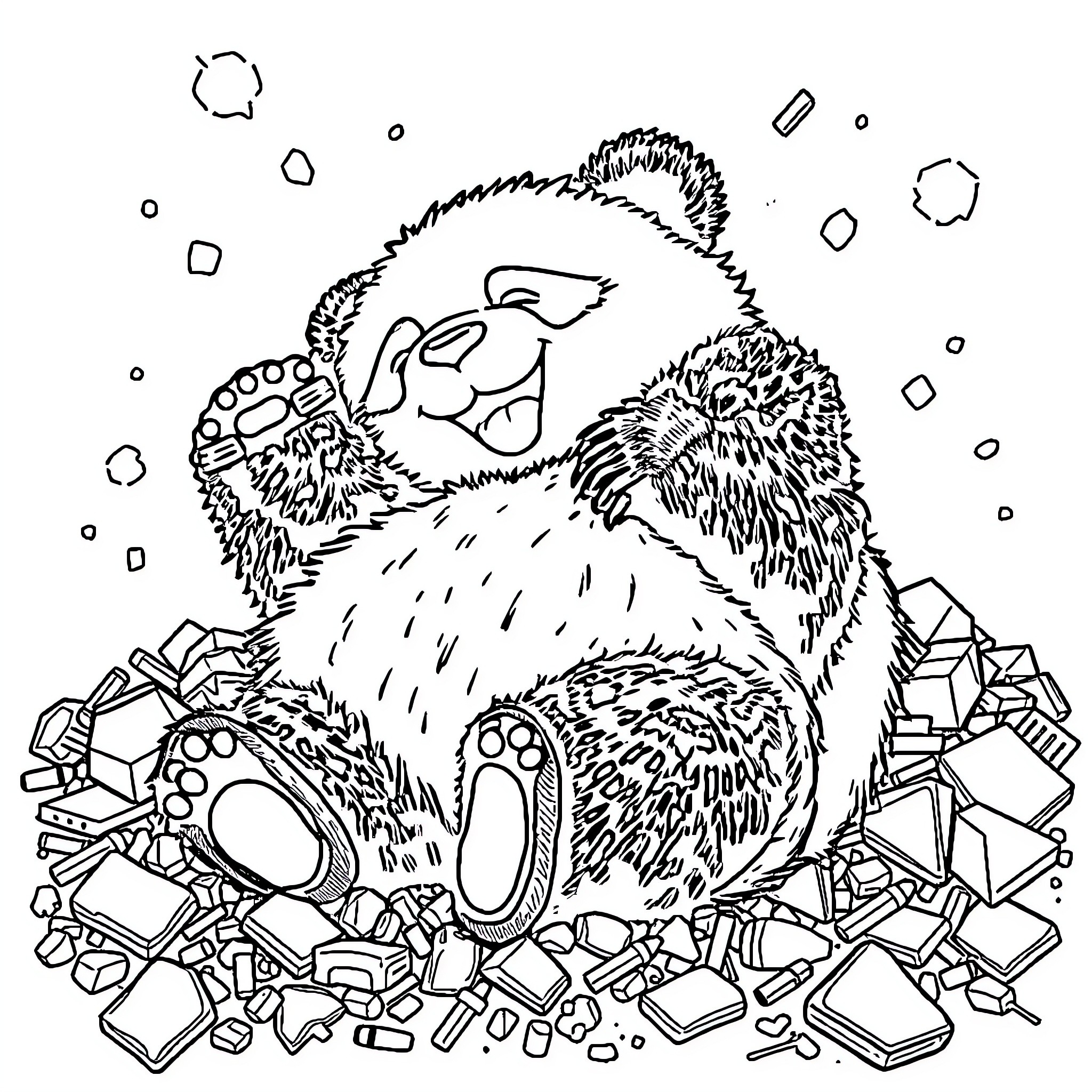 Panda enjoying a cozy pile of crystals Coloring Page (free black-and-white line drawing printable PDF for all, from beginners to advanced learners, including children, teens, adults, and seniors)