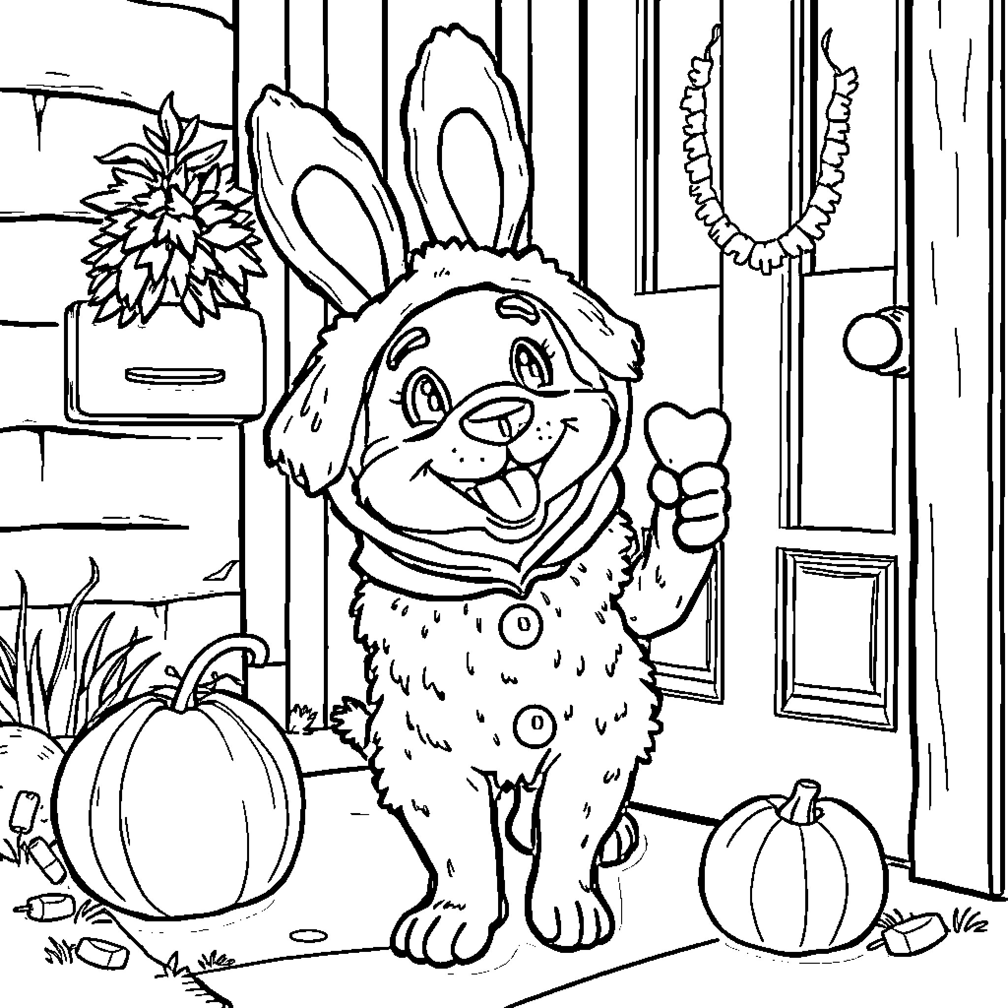 Dog greeting happily in autumn scene Coloring Page (free black-and-white line drawing printable PDF for all, from beginners to advanced learners, including children, teens, adults, and seniors)