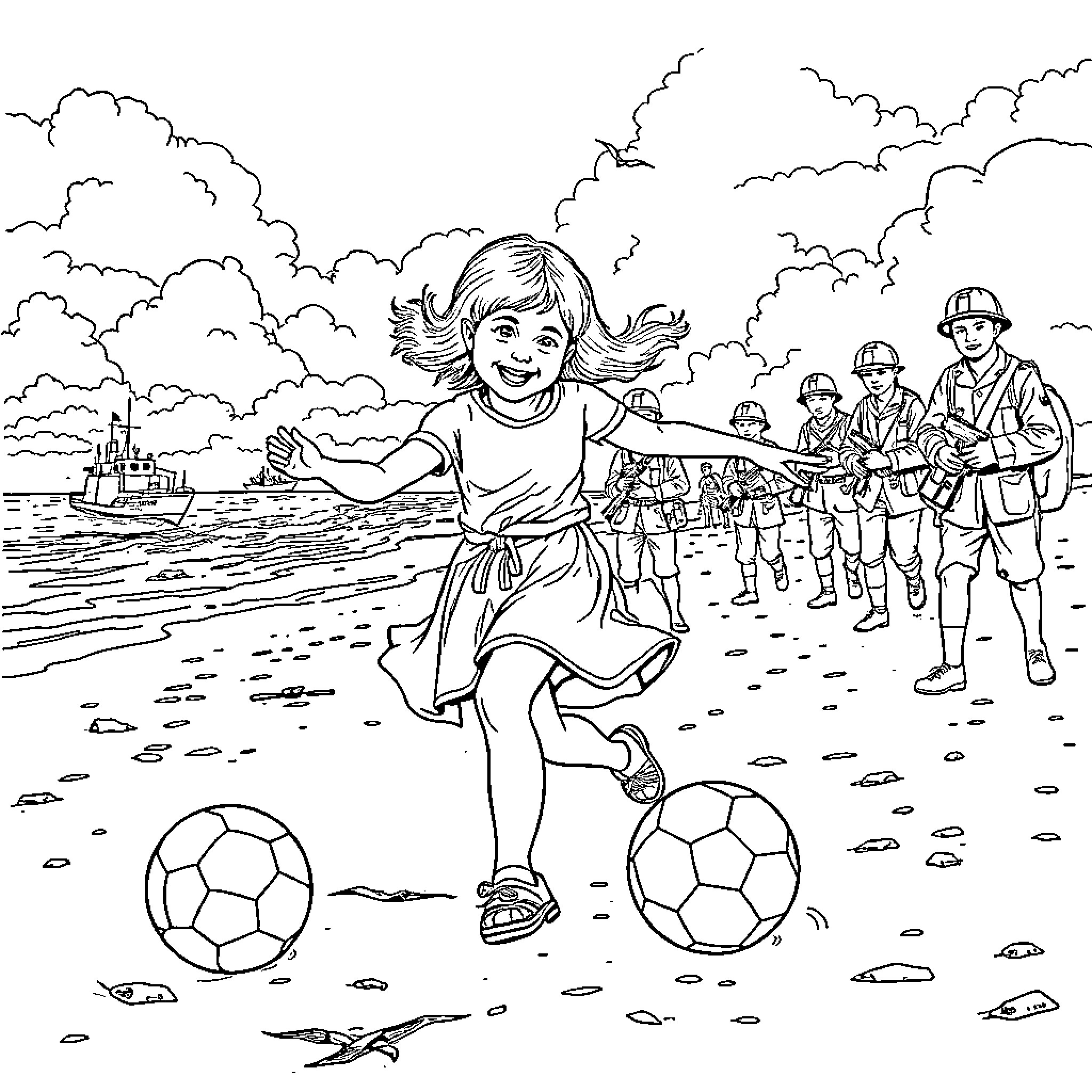 Girl playing joyfully with soccer balls on the beach Coloring Page (free black-and-white line drawing printable PDF for all, from beginners to advanced learners, including children, teens, adults, and seniors)