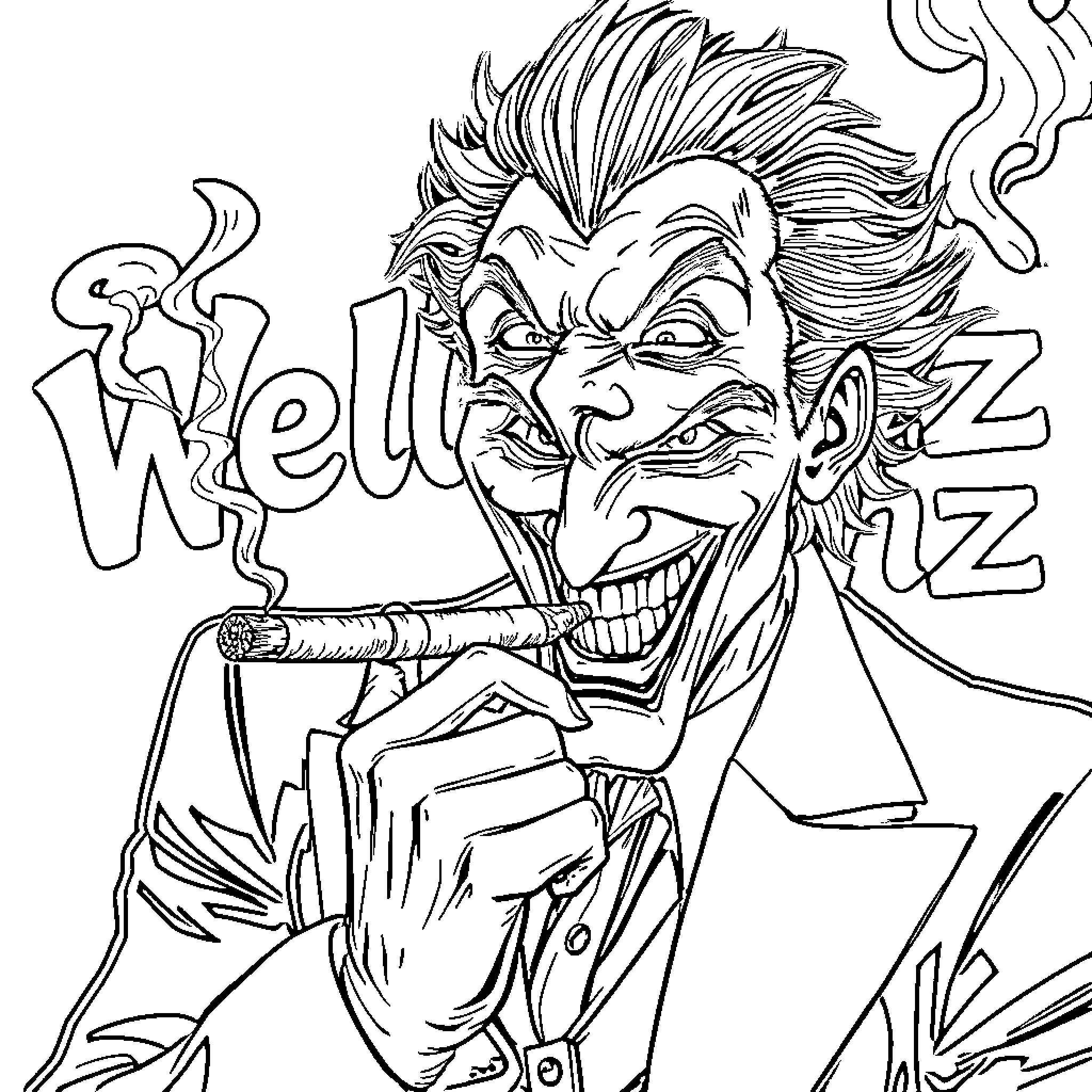 Joker's Mischievous Grin and Maniacal Laughter Coloring Page (free black-and-white line drawing printable PDF for all, from beginners to advanced learners, including children, teens, adults, and seniors)
