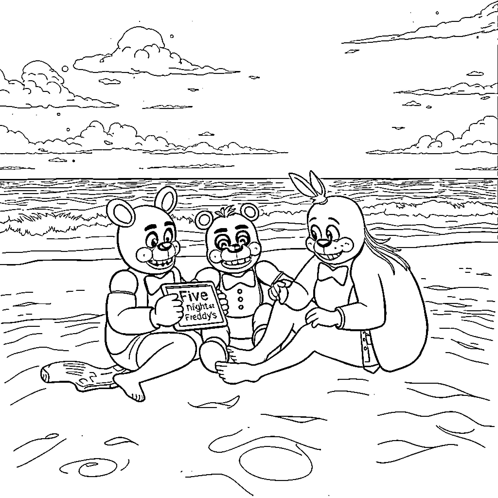 Freddy and Friends' Beach Adventure Coloring Page (free black-and-white line drawing printable PDF for all, from beginners to advanced learners, including children, teens, adults, and seniors)