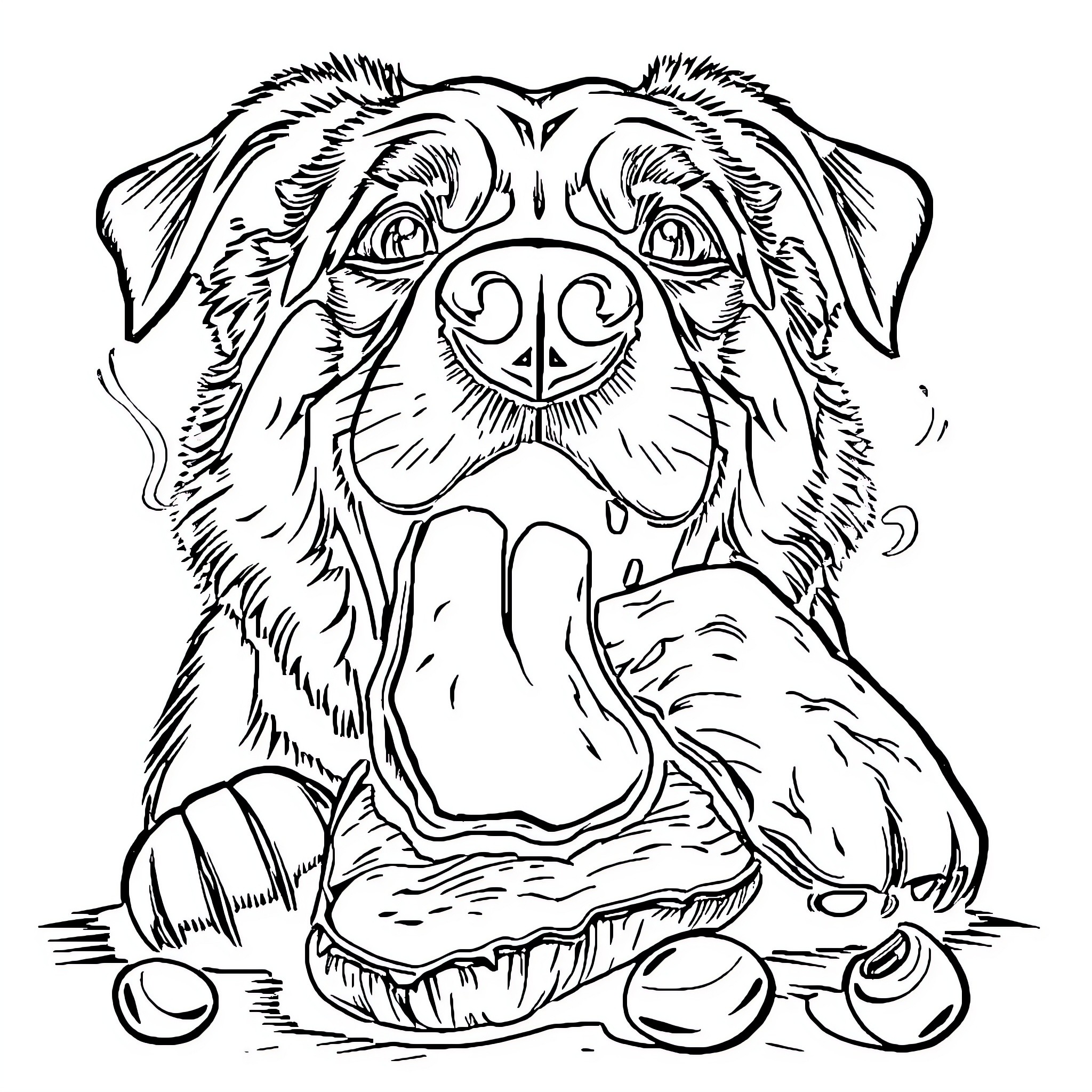 Dog enjoying playtime with tennis balls Coloring Page (free black-and-white line drawing printable PDF for all, from beginners to advanced learners, including children, teens, adults, and seniors)