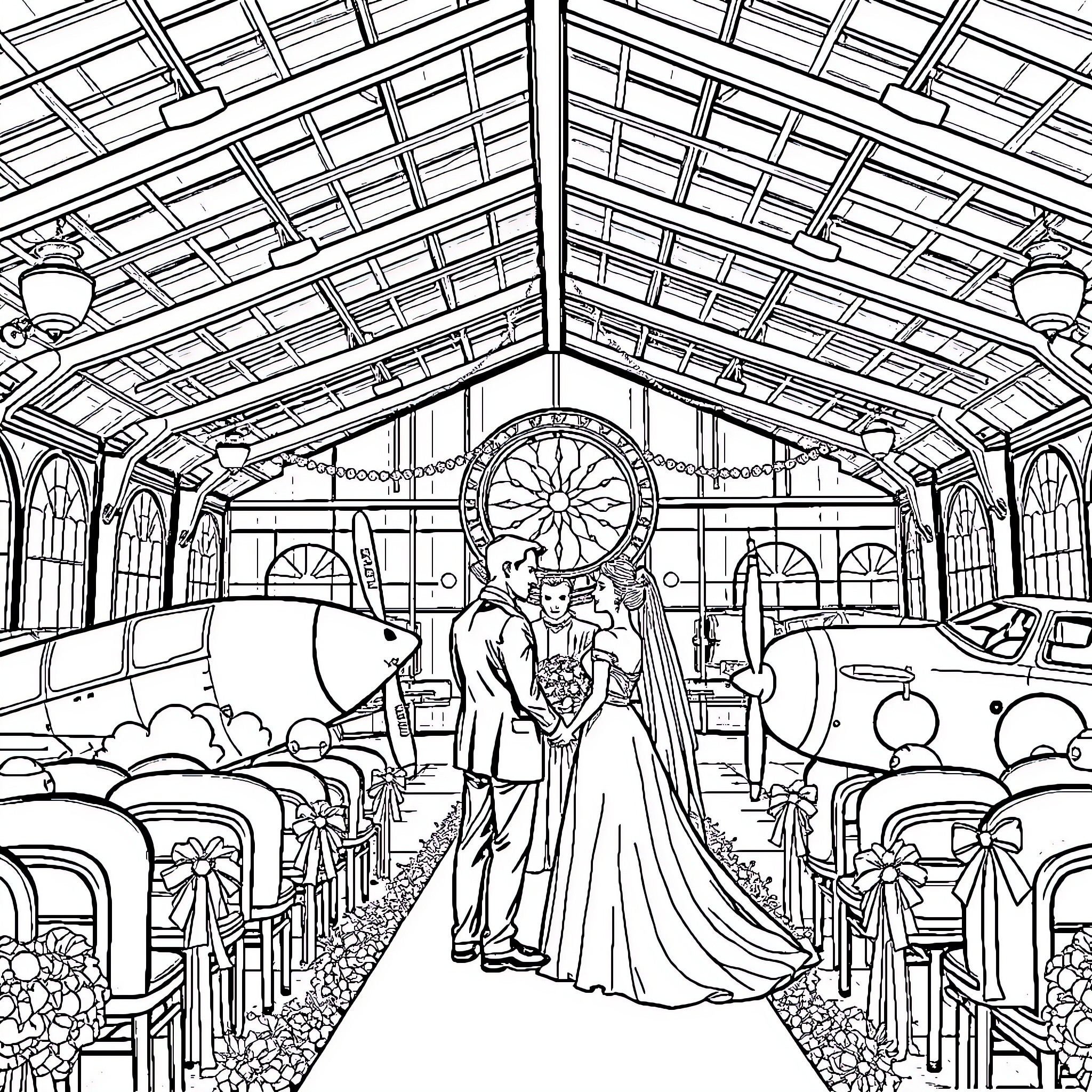 Wedding Ceremony in an Elegant Glass Conservatory Coloring Page (free black-and-white line drawing printable PDF for all, from beginners to advanced learners, including children, teens, adults, and seniors)