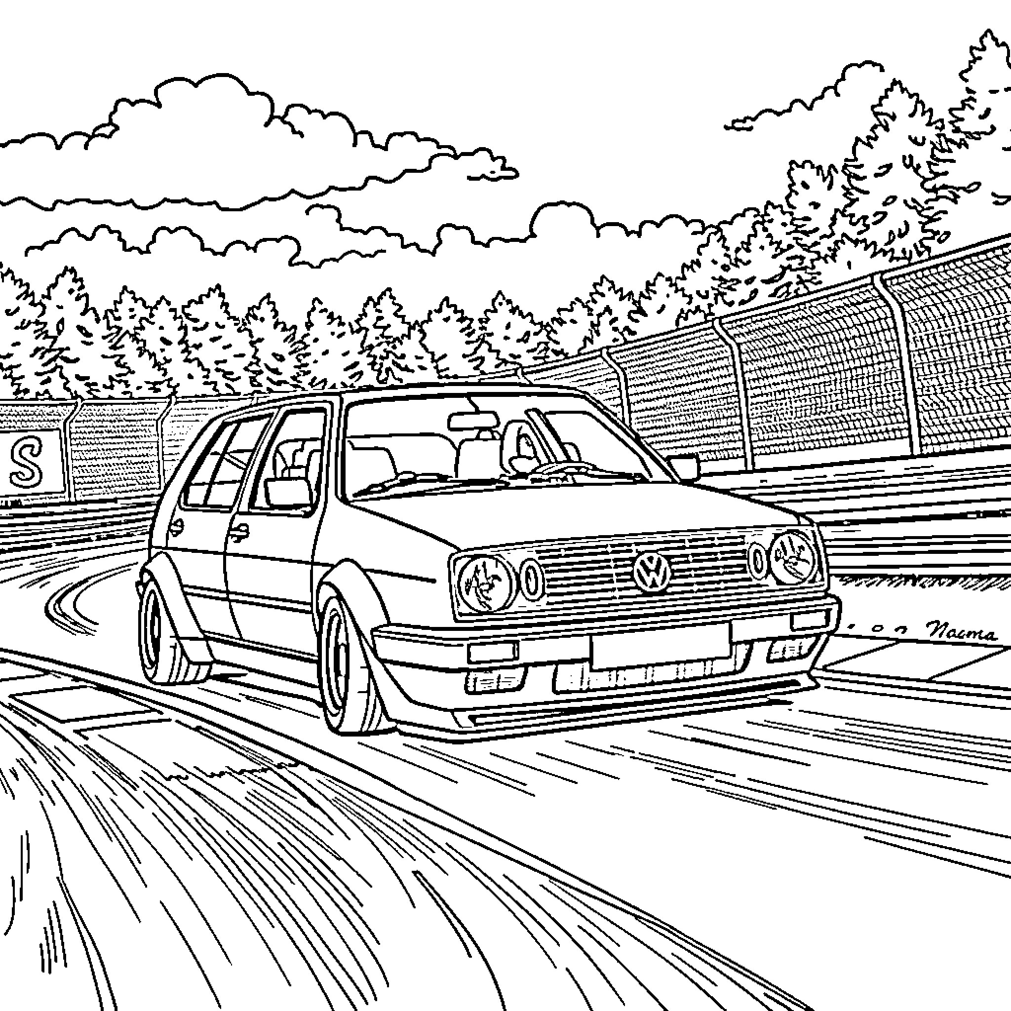 Mk4 Golf speeding on winding road through forest Coloring Page (free black-and-white line drawing printable PDF for all, from beginners to advanced learners, including children, teens, adults, and seniors)