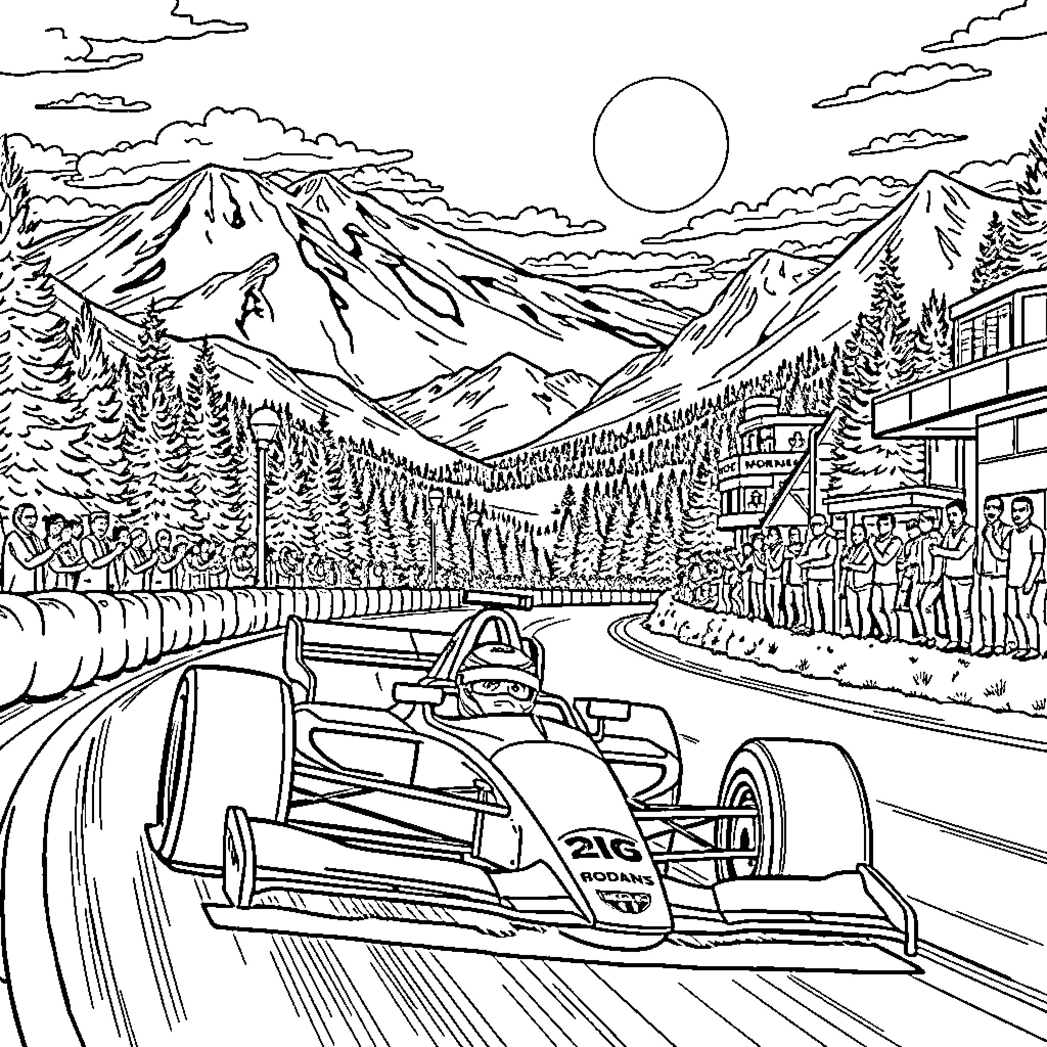 Lando Norris racing through the scenic mountains Coloring Page (free black-and-white line drawing printable PDF for all, from beginners to advanced learners, including children, teens, adults, and seniors)