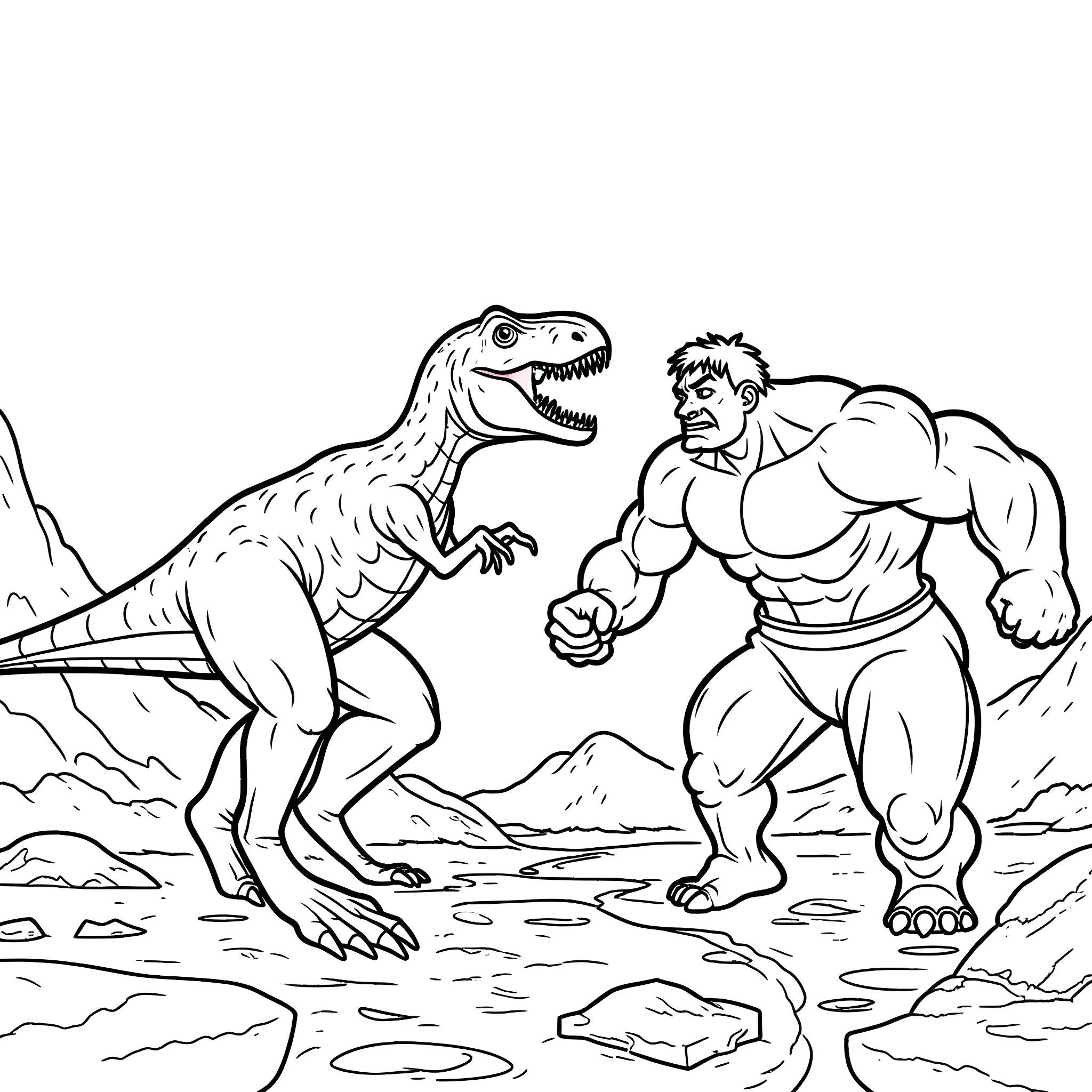 T-Rex confronting a muscular humanoid figure Coloring Page (free black-and-white line drawing printable PDF for all, from beginners to advanced learners, including children, teens, adults, and seniors)