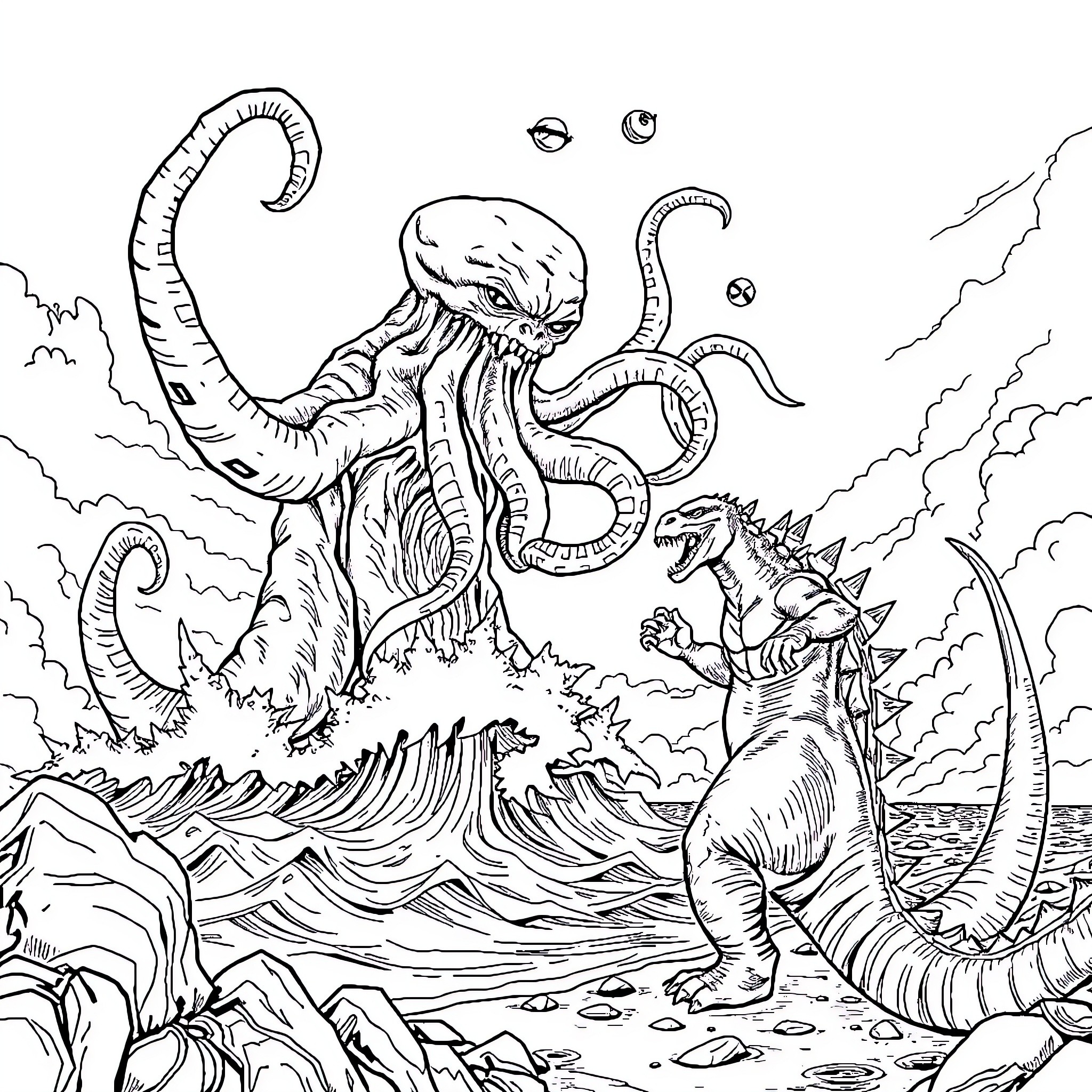 Cthulhu's Aquatic Encounter with Prehistoric Creatures Coloring Page (free black-and-white line drawing printable PDF for all, from beginners to advanced learners, including children, teens, adults, and seniors)