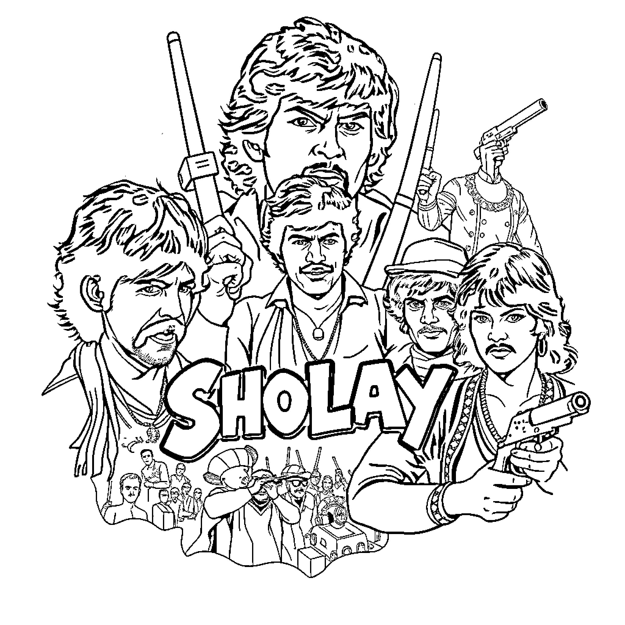 Sholay: Action-packed Characters and Scenes Coloring Page (free black-and-white line drawing printable PDF for all, from beginners to advanced learners, including children, teens, adults, and seniors)