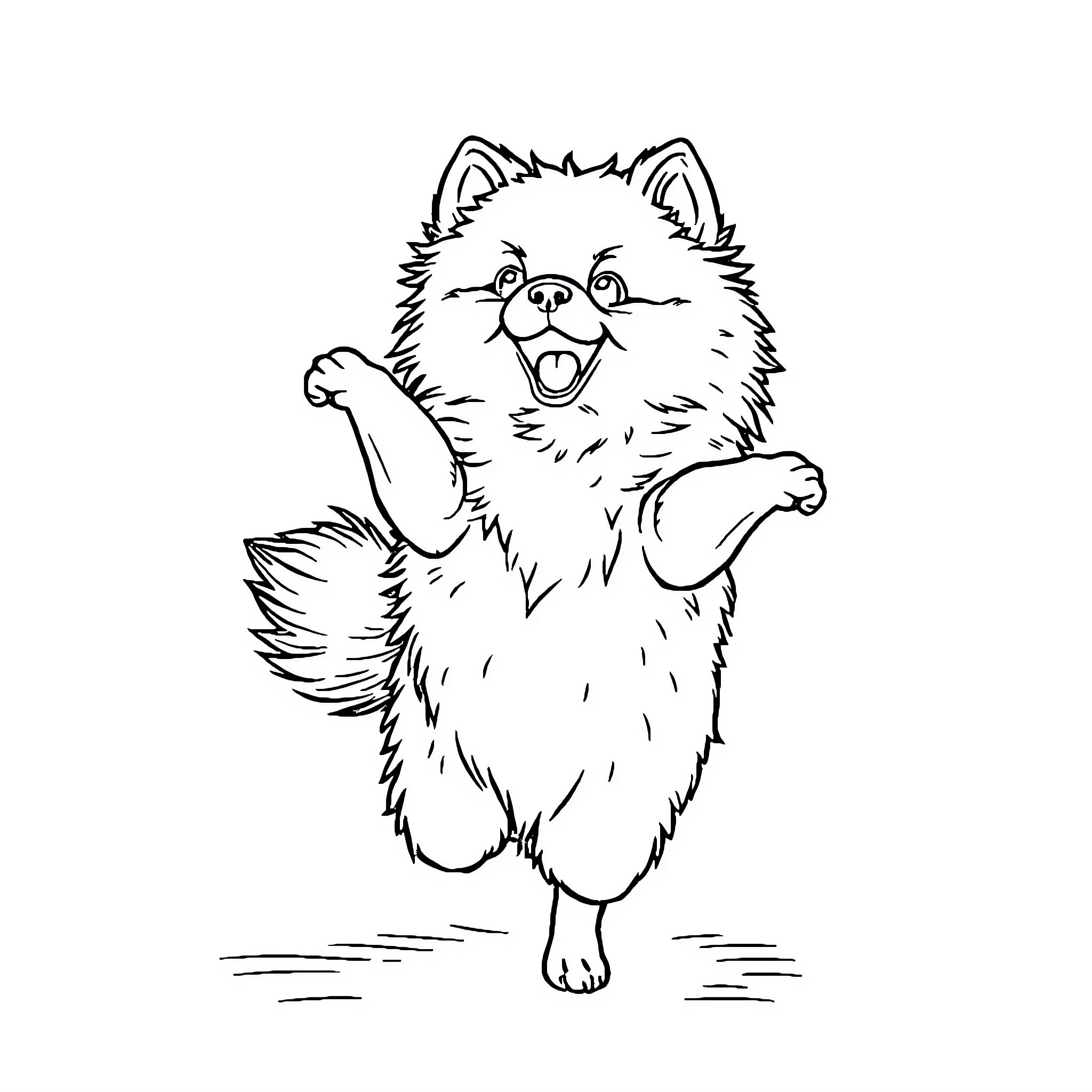 Pomeranian happily dancing and playing Coloring Page (free black-and-white line drawing printable PDF for all, from beginners to advanced learners, including children, teens, adults, and seniors)