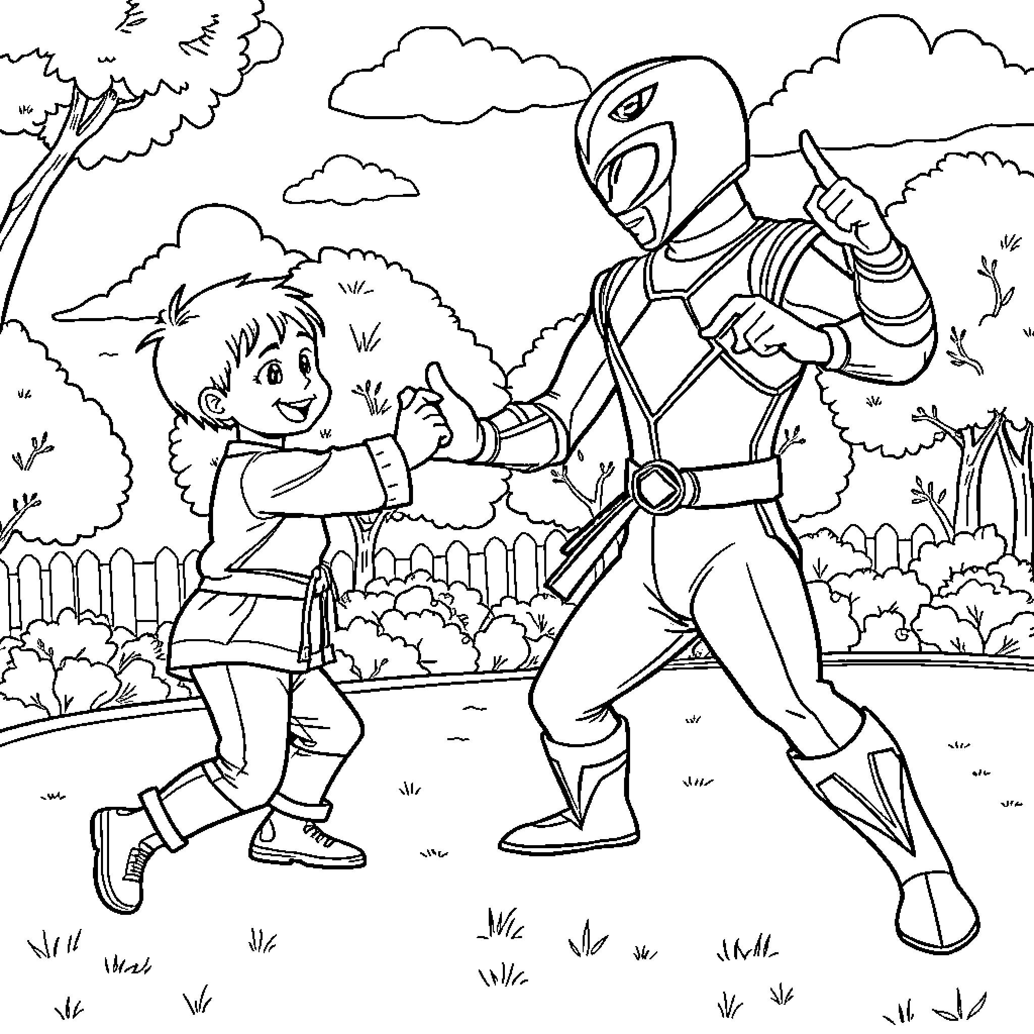 Power Ranger assisting child in outdoor adventure Coloring Page (free black-and-white line drawing printable PDF for all, from beginners to advanced learners, including children, teens, adults, and seniors)