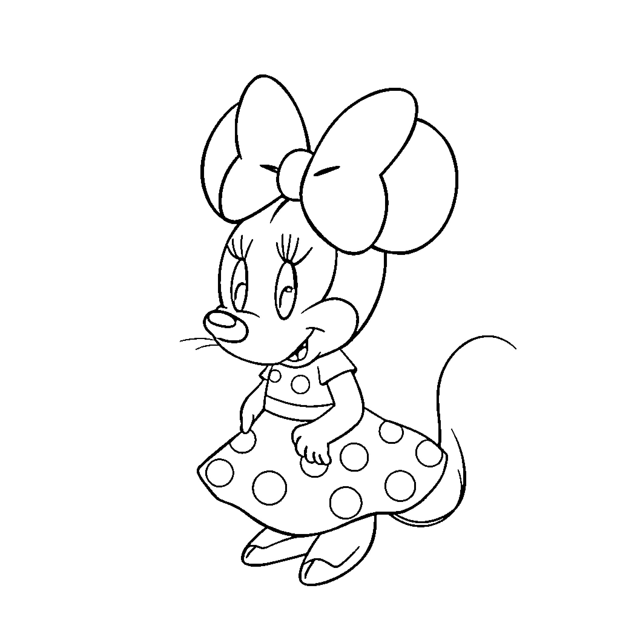 Minnie Mouse in a polka dot dress Coloring Page (free black-and-white line drawing printable PDF for all, from beginners to advanced learners, including children, teens, adults, and seniors)